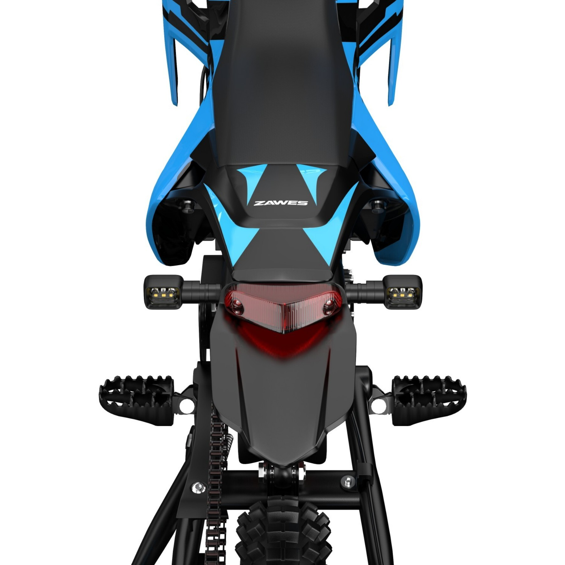 Widok z tyłu niebieskiego i czarnego motocykla ze wskaźnikami LED i światłem stopu.