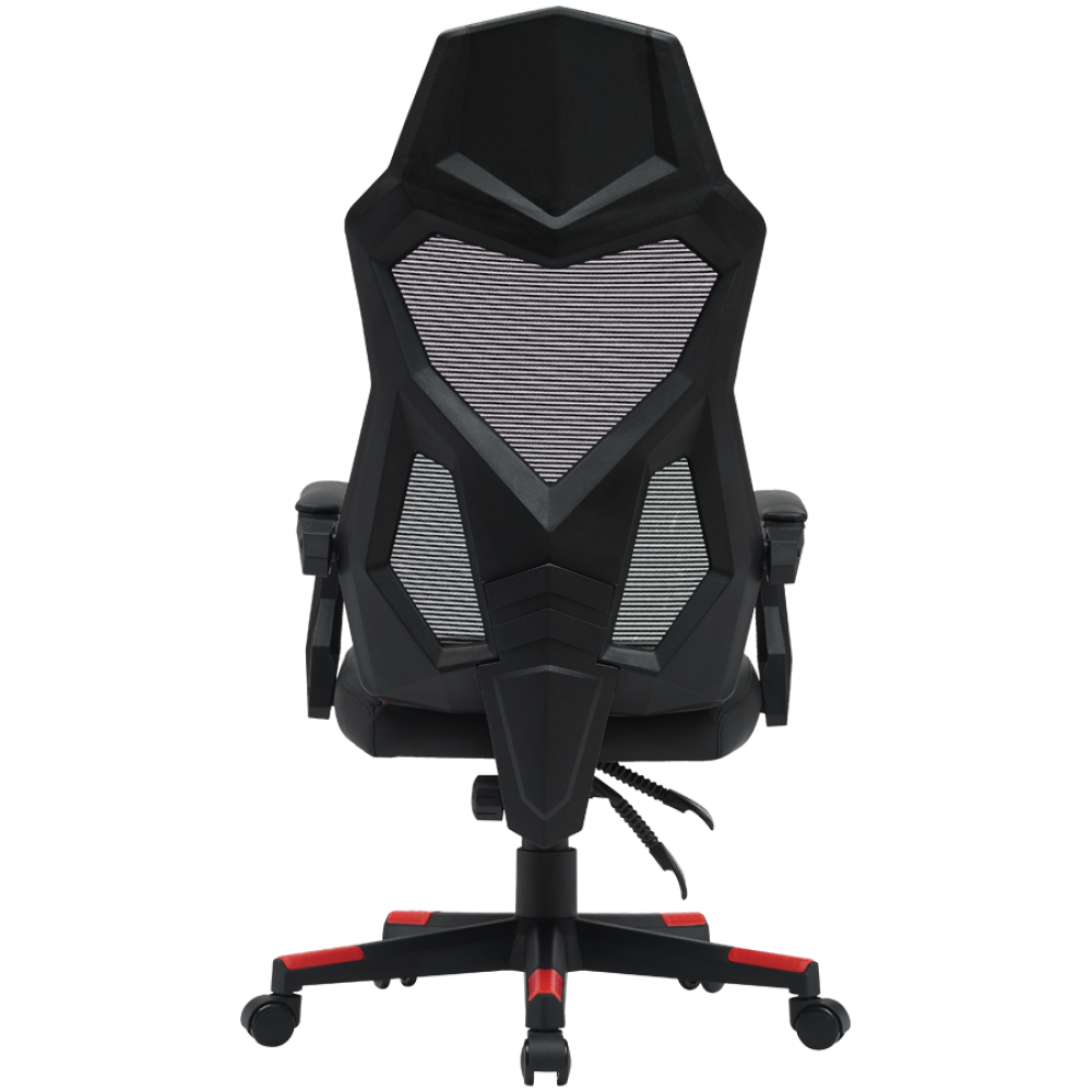 Widok z tyłu czarnego fotela gamingowego z siatkowym oparciem i czerwonymi akcentami na podstawie.