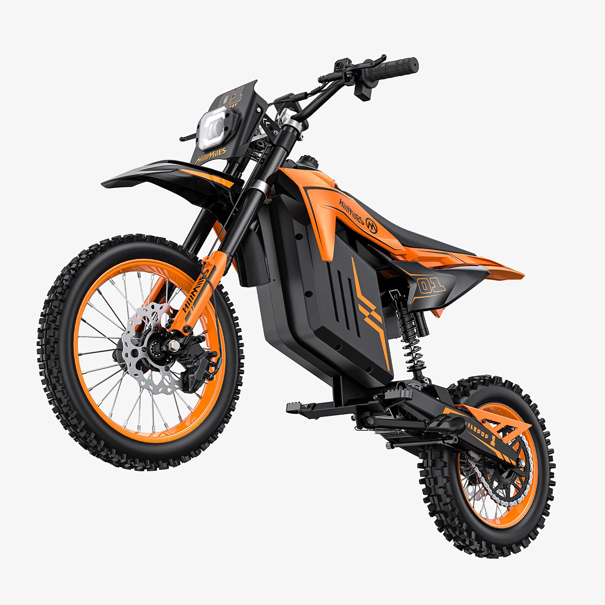 Pomarańczowo-czarny elektryczny rower terenowy z grubymi oponami i zawieszeniem.