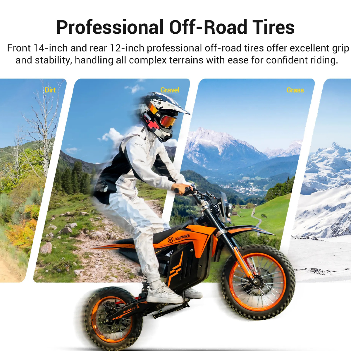 Mężczyzna jedzie pomarańczowym motocyklem w różnych terenach: ziemia, szuter, trawa, śnieg.