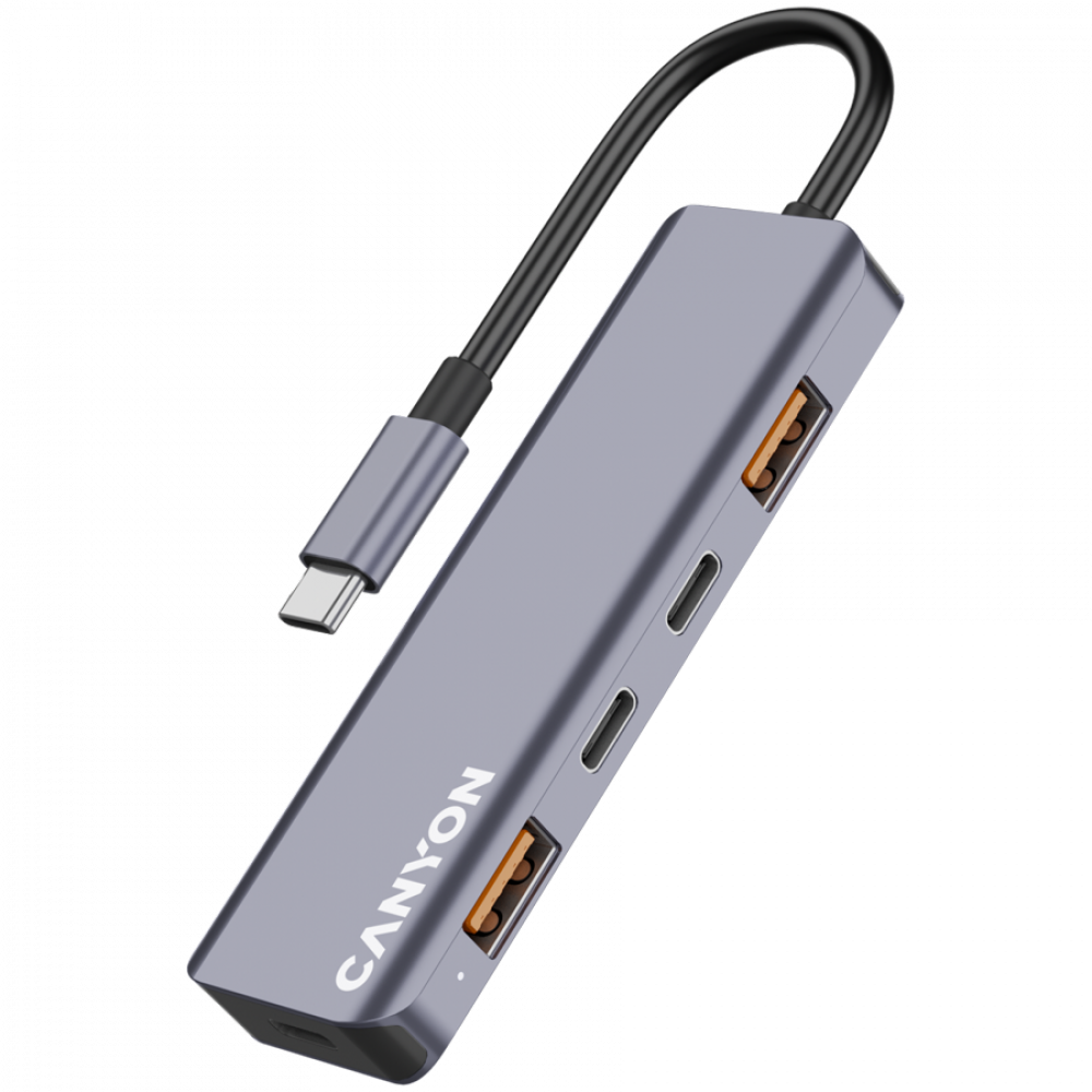 Szara piasta USB-C z dwoma portami USB-A i dwoma portami USB-C.