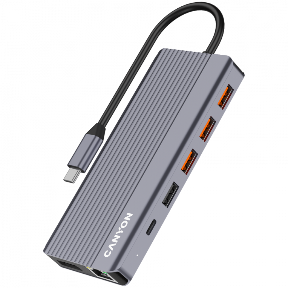 Szary hub USB-C Canyon z wieloma portami i podłączonym kablem USB-C.