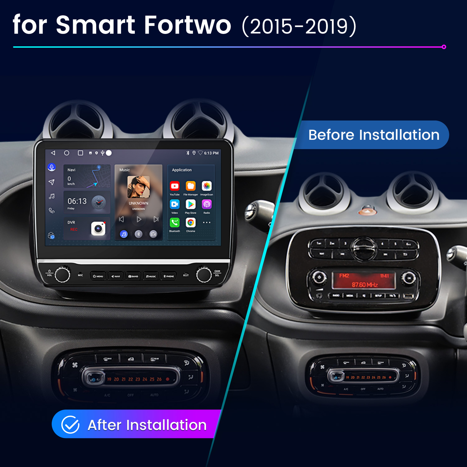 Confronto prima/dopo di un sistema di infotainment Smart Fortwo.