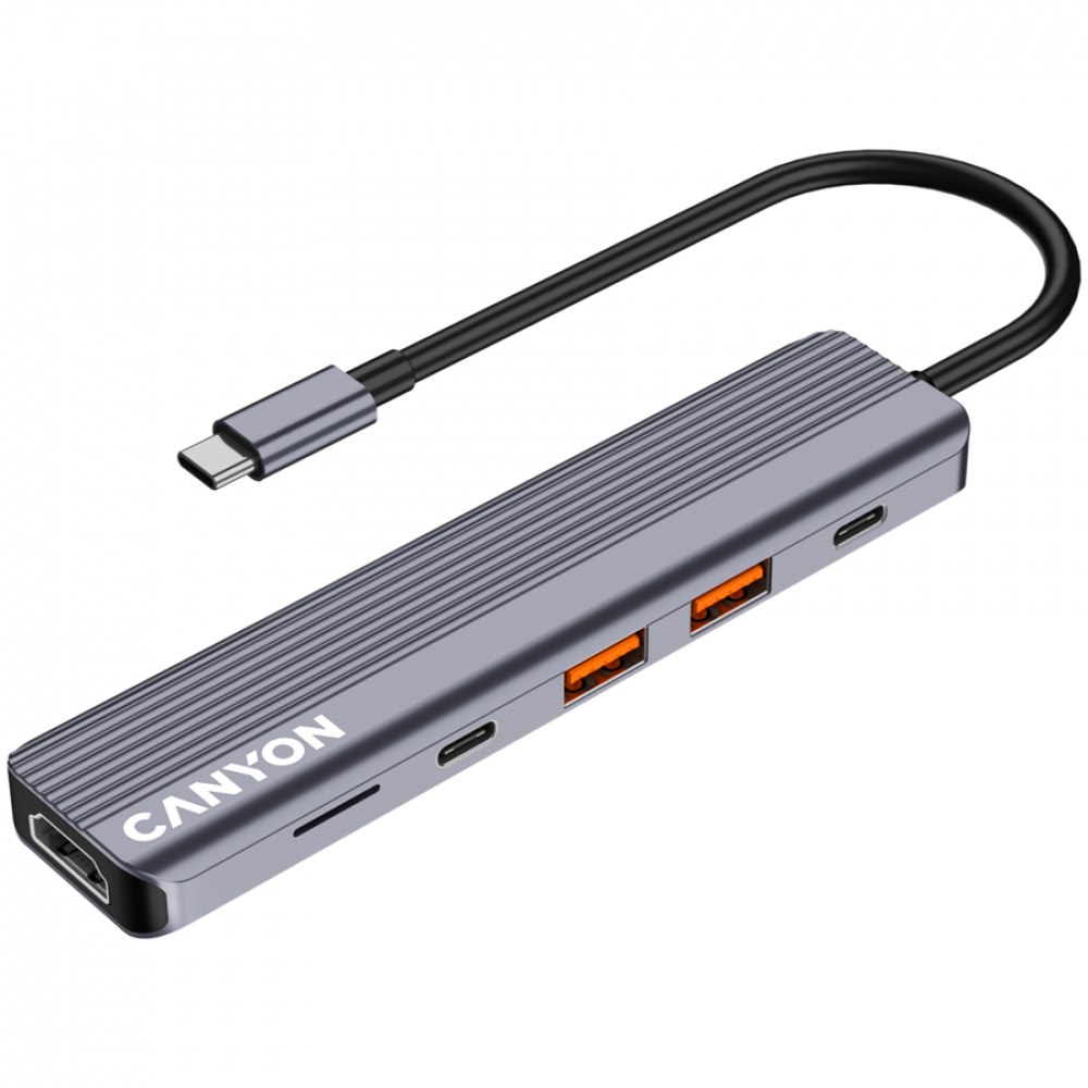 Szary hub USB-C z HDMI, gniazdem kart SD, 2 portami USB-A i kablem Type-C.