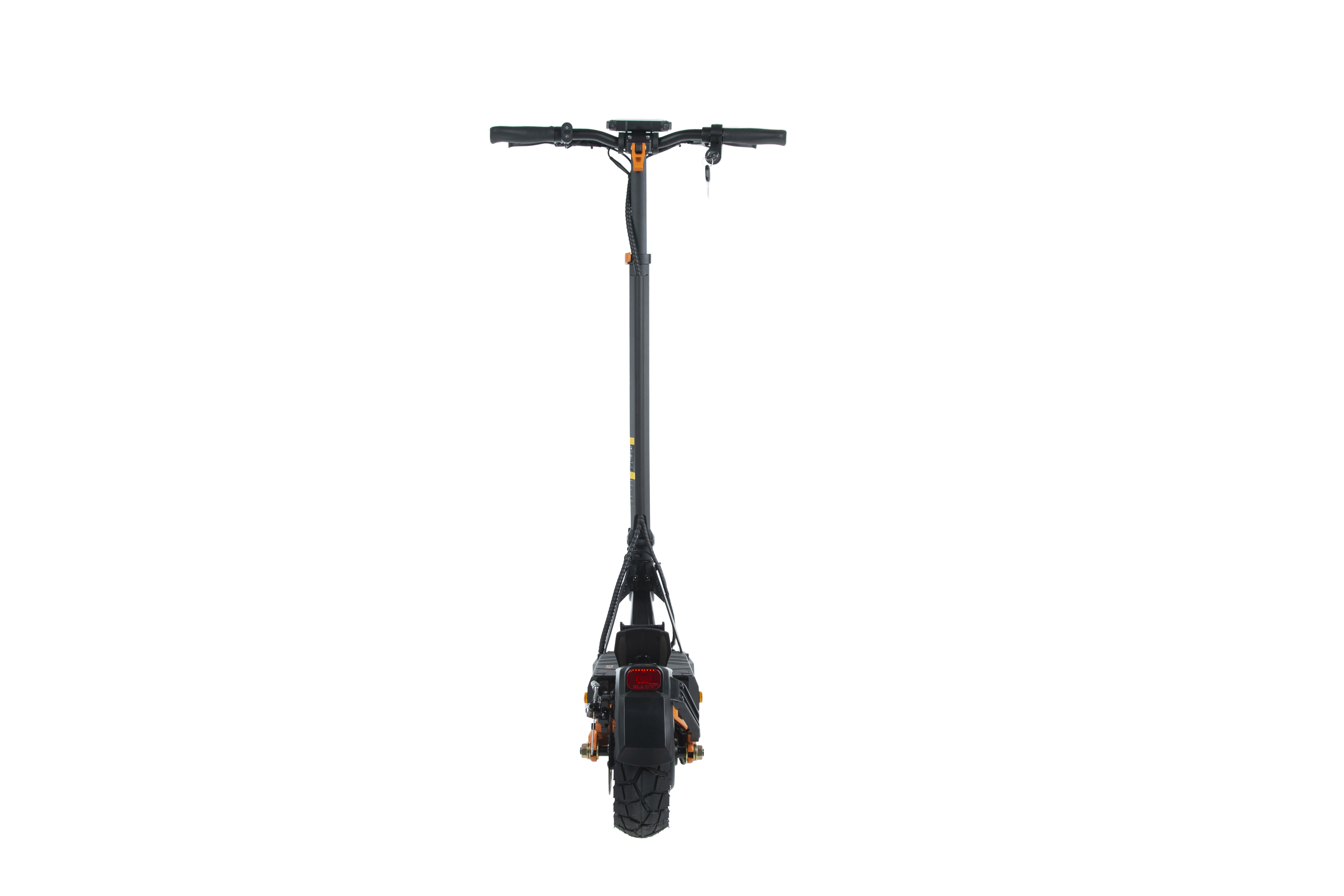 Uno scooter elettrico nero con accenti arancioni, visto da dietro.