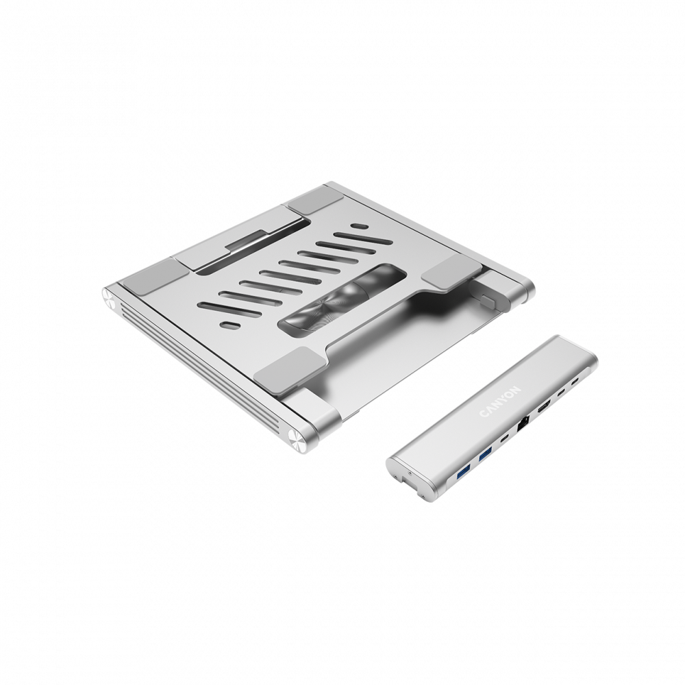 Srebrna podstawka pod laptop i hub USB z logo Canyon na czarnym tle.