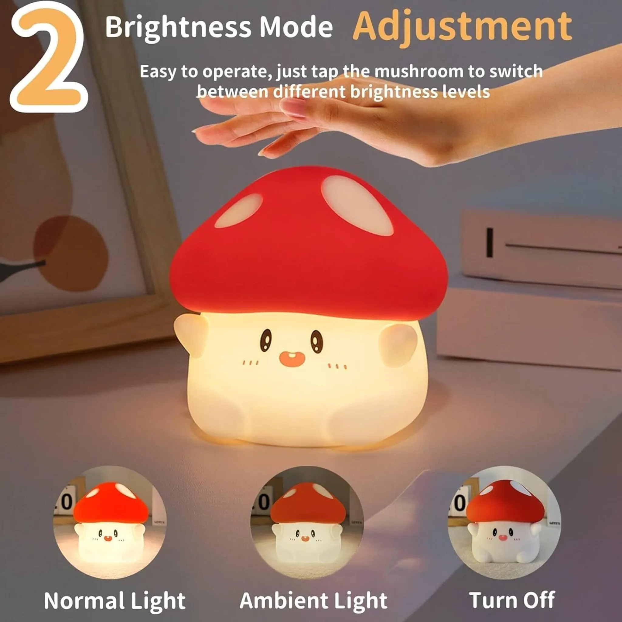 Eine leuchtende Pilzlampe mit süßem Gesicht wird in drei Helligkeitsstufen gezeigt.