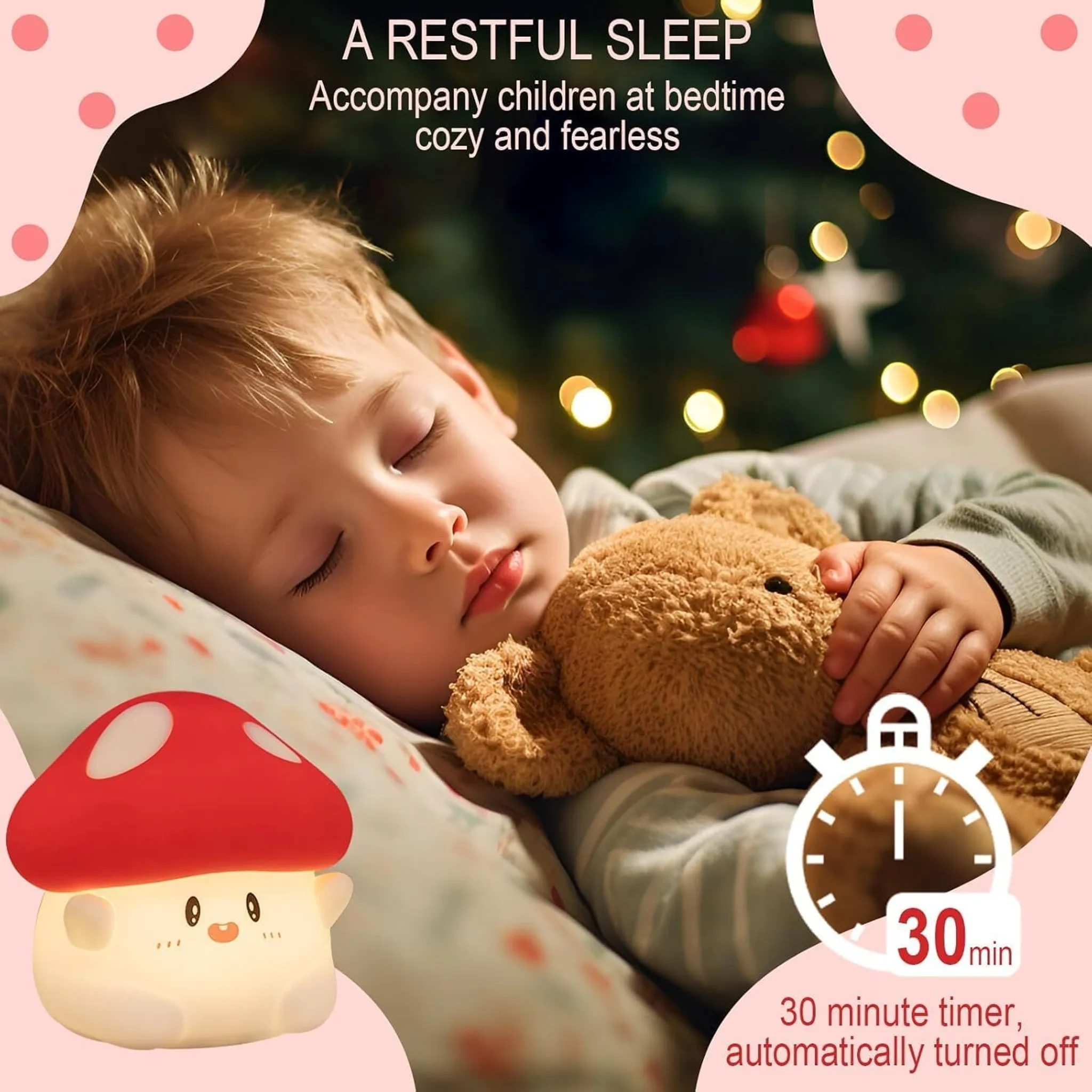Ein Kind schläft mit einem Teddy und einem Pilzlicht. 30-Minuten-Timer angezeigt.