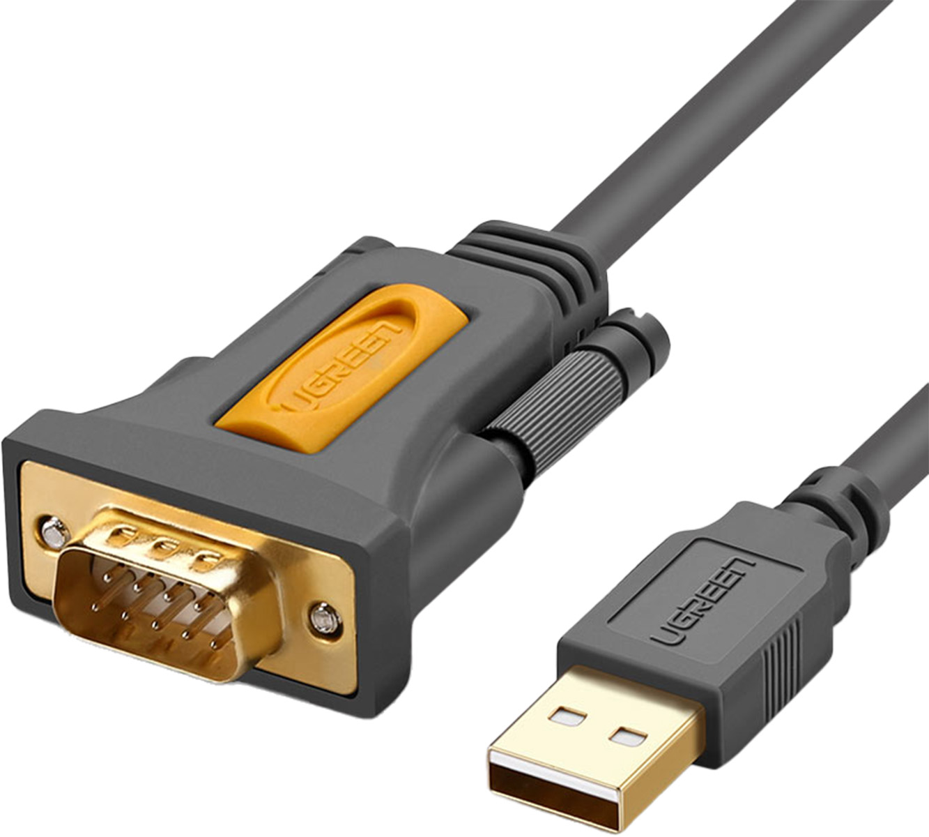 Szary kabel adapter USB na szeregowy ze złotymi złączami i pomarańczowym akcentem.