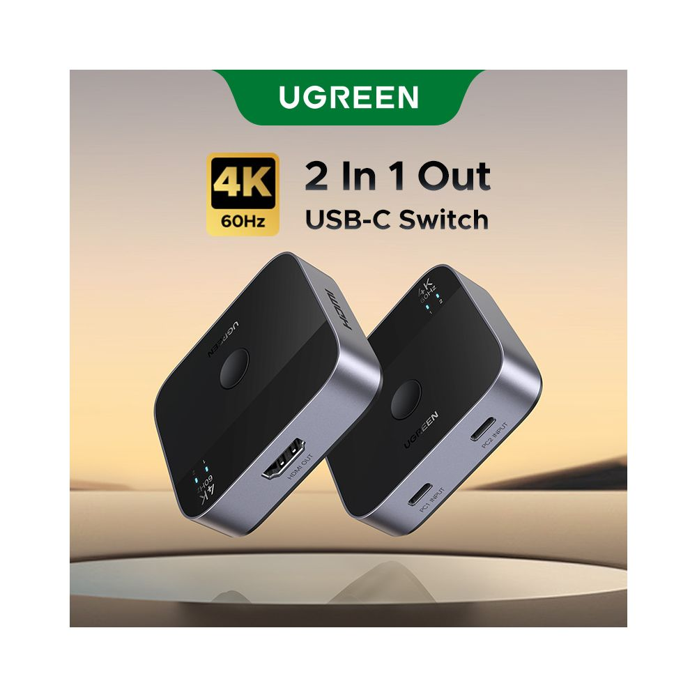 Dwa przełączniki UGREEN 4K 60Hz USB-C z wyjściem HDMI i wejściami PC.