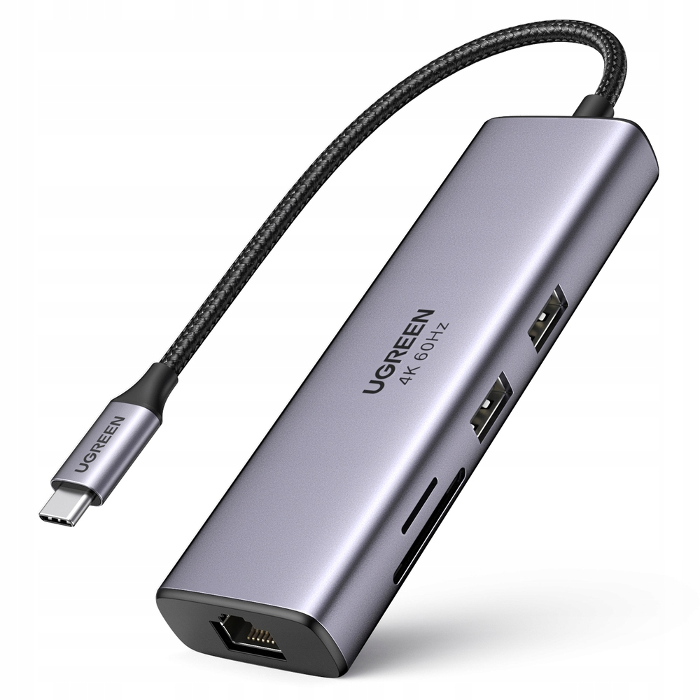 Szara stacja dokująca USB-C z kablem, portami i gniazdem SD.