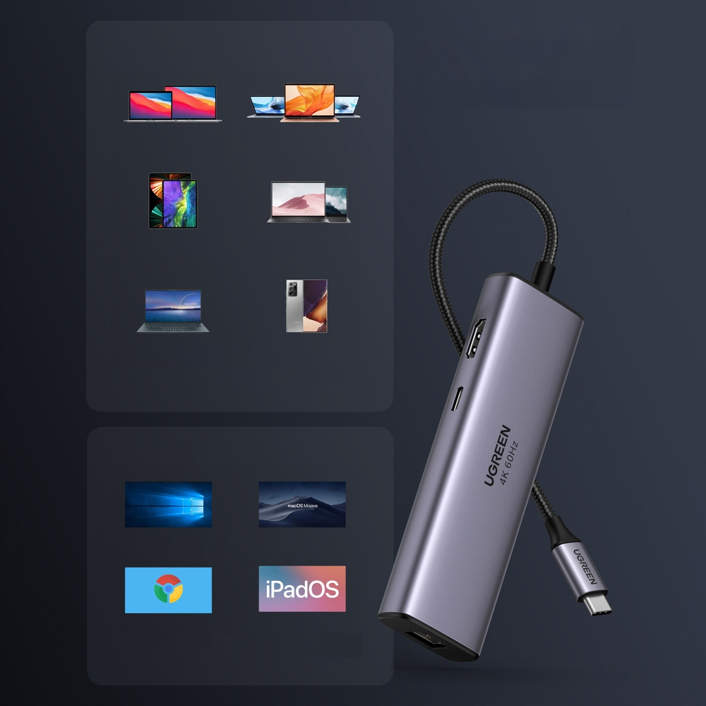 Szary hub USB-C z portami, obok ikon laptopów i systemów operacyjnych.