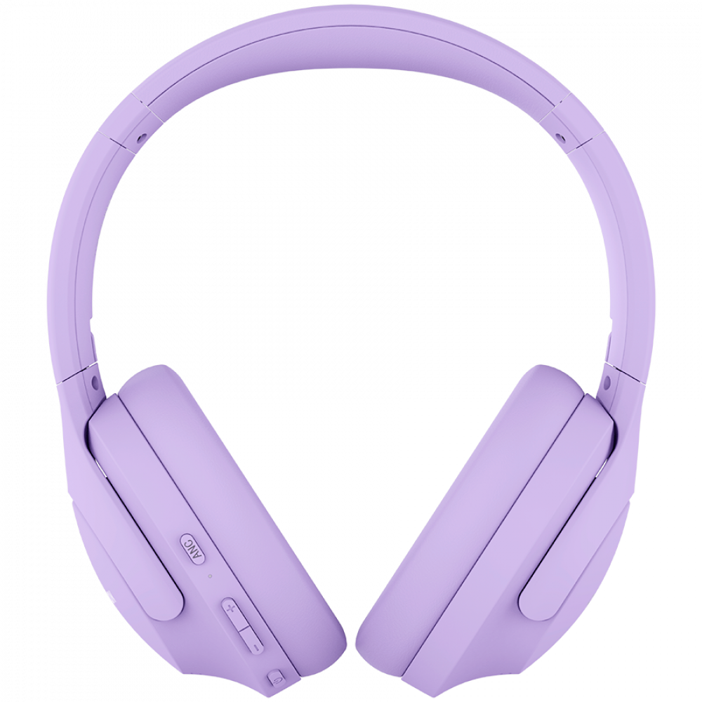 Fioletowe słuchawki z przyciskiem ANC i regulatorami głośności na lewej muszli.
