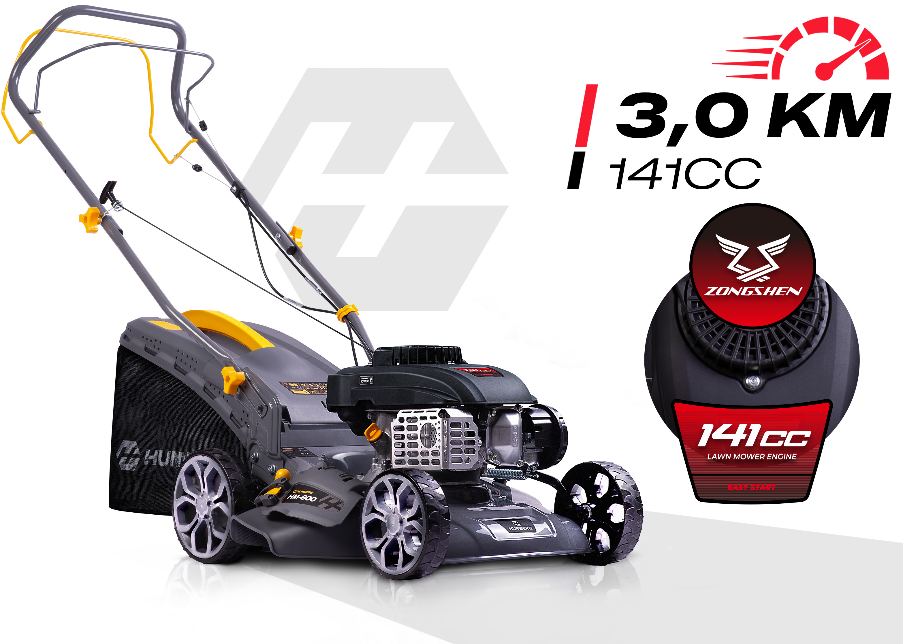 Kosiarka z żółtymi akcentami i silnikiem Zongshen o pojemności 141cc.