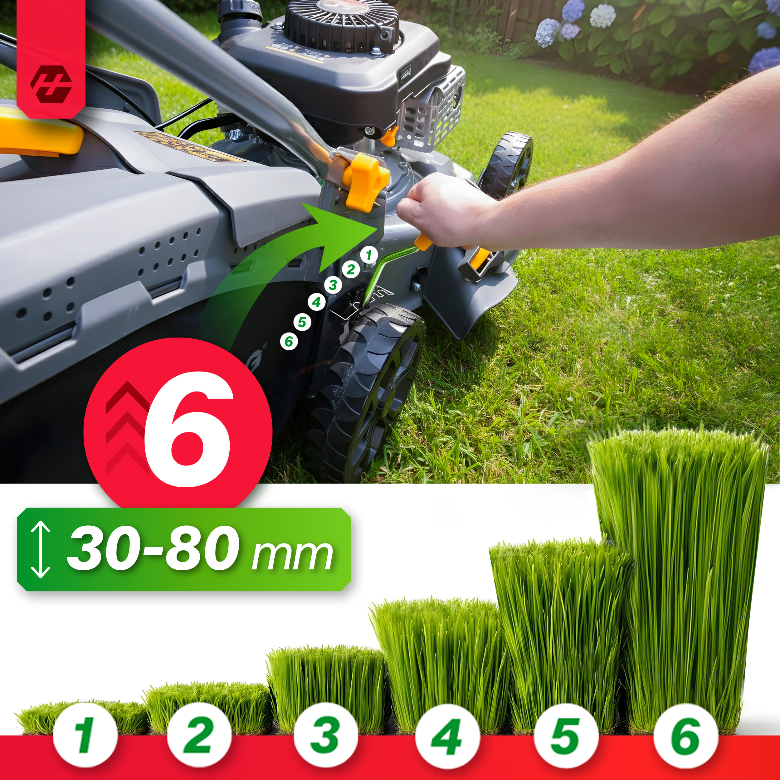 Ustawienia kosiarki: 6 poziomów, wysokość cięcia 30-80mm. Próbki trawy 1-6.