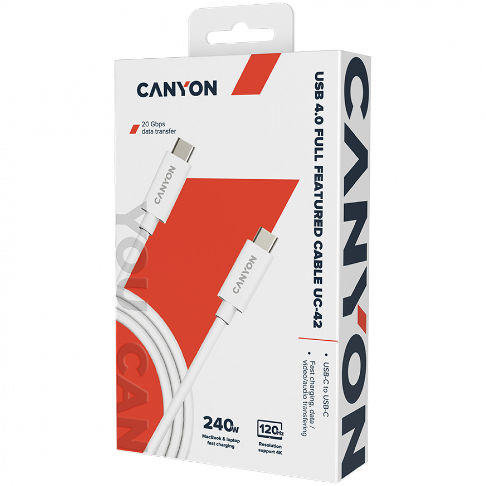 Opakowanie białego kabla USB-C Canyon z informacjami o transferze danych i ładowaniu.