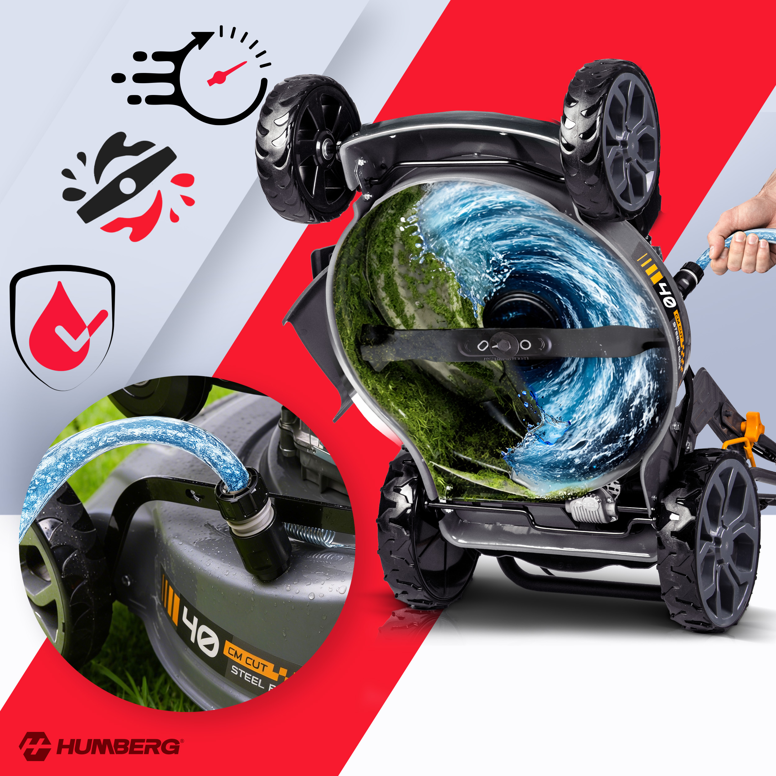 Kosiarka z wężem rozpylającym wodę w środku. Widoczna zielona trawa.