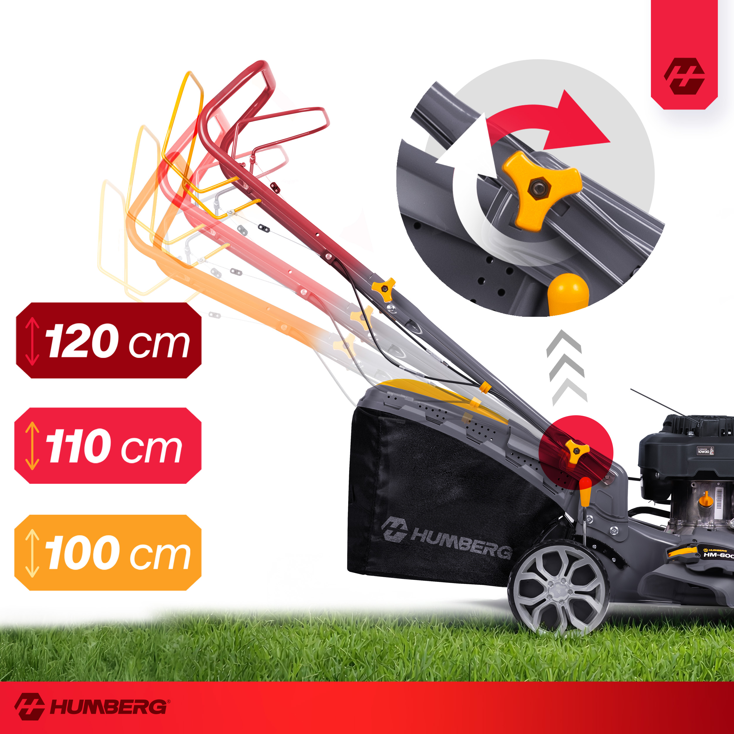 Kosiarka pokazująca ustawienia wysokości i szczegół mechanizmu.