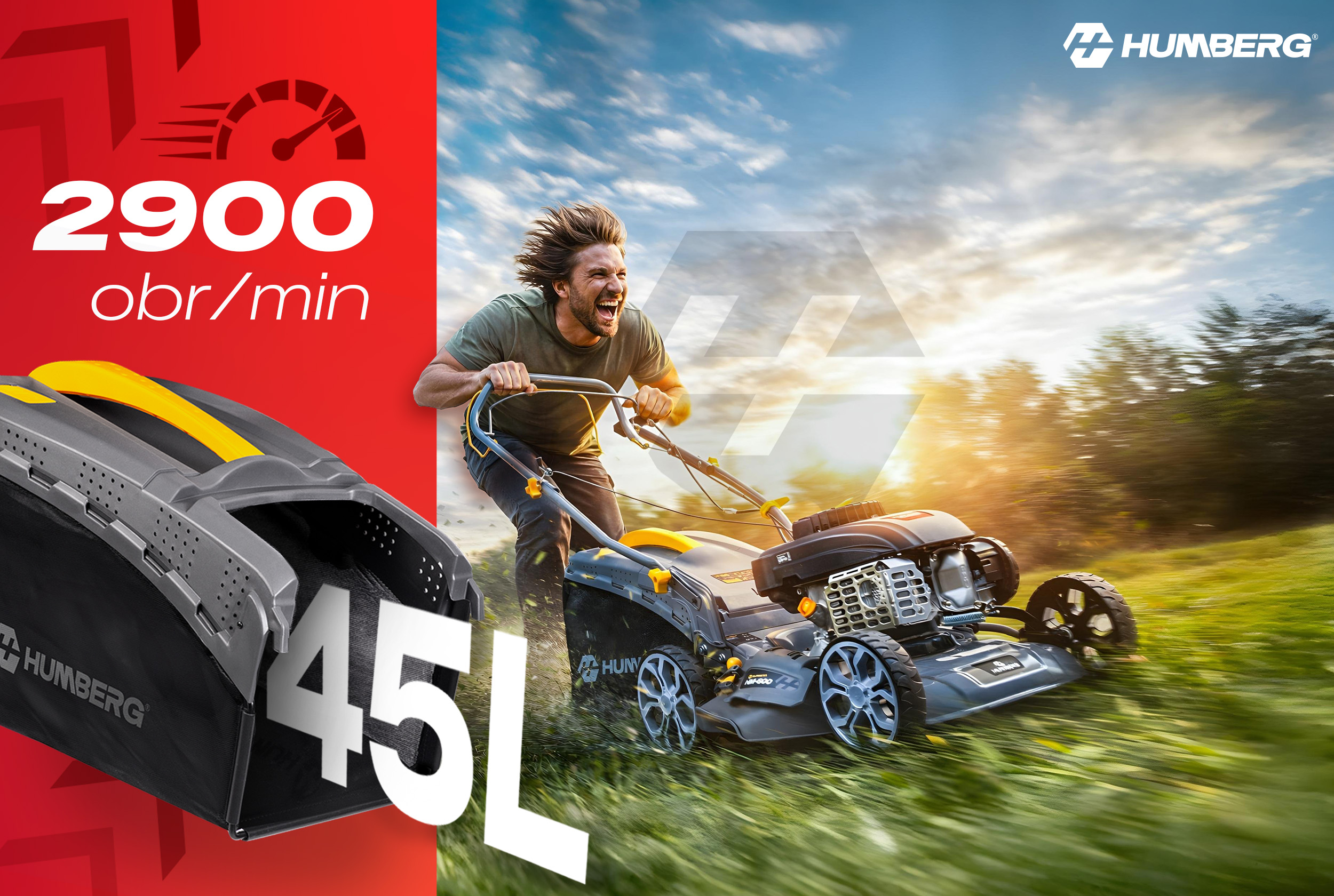 Mężczyzna z kosiarką na słonecznym polu, 2900 obr./min, pojemność 45L.