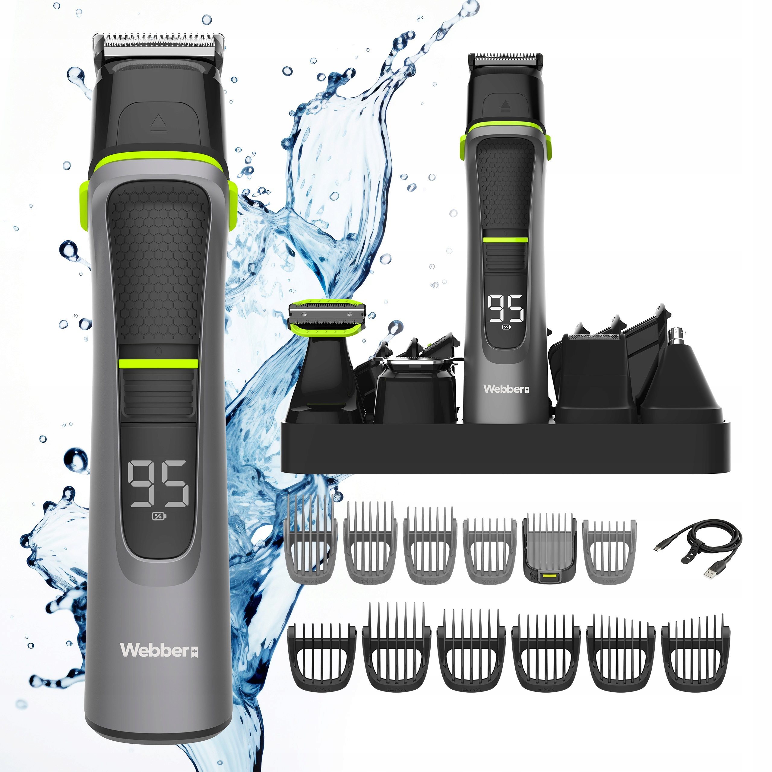 Cyfrowa maszynka do strzyżenia włosów z akcesoriami na tle rozpryskującej się wody.