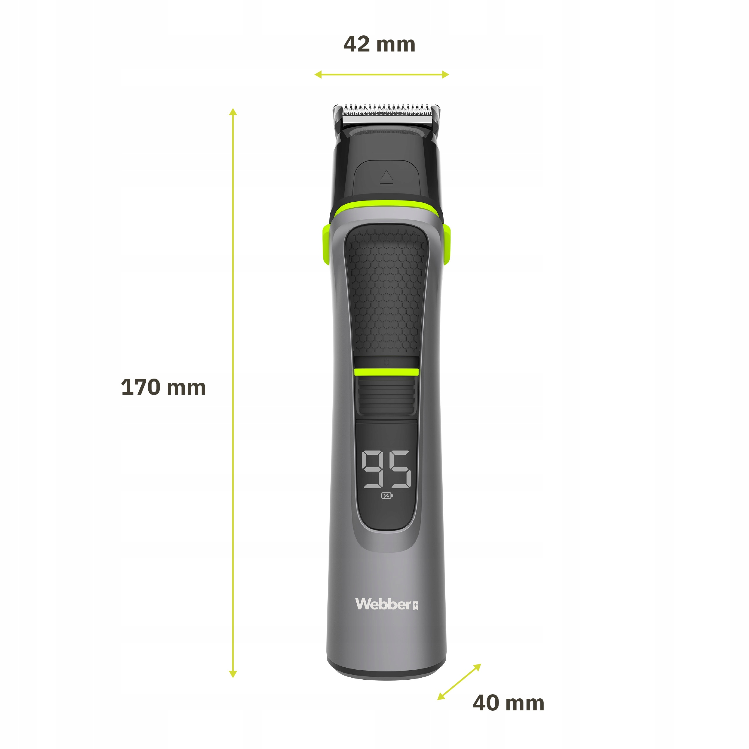 Szara maszynka do strzyżenia z wyświetlaczem, dł. 170mm, szer. 42mm, gł. 40mm.