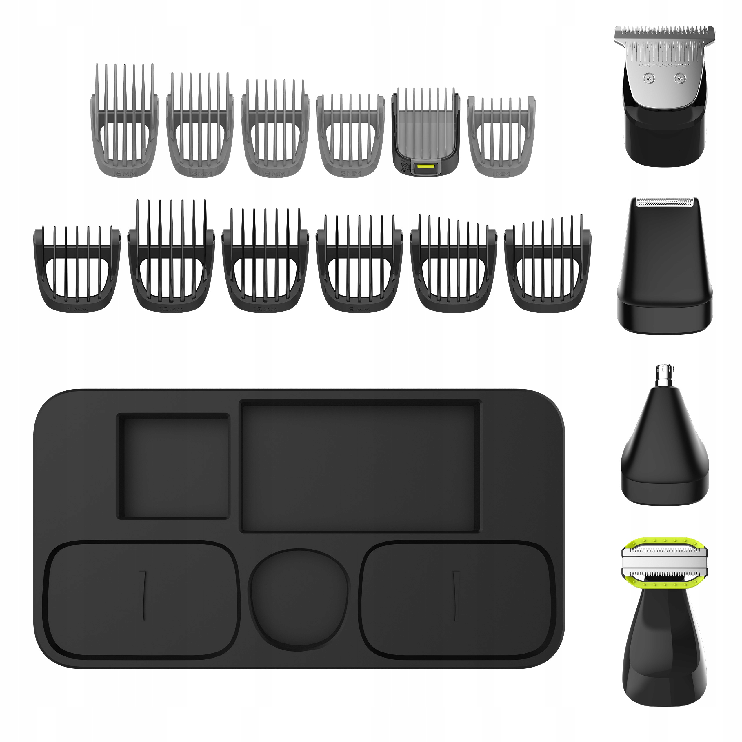 Nasadki do maszynki do włosów, stacja ładująca i głowica ostrza na białym tle.