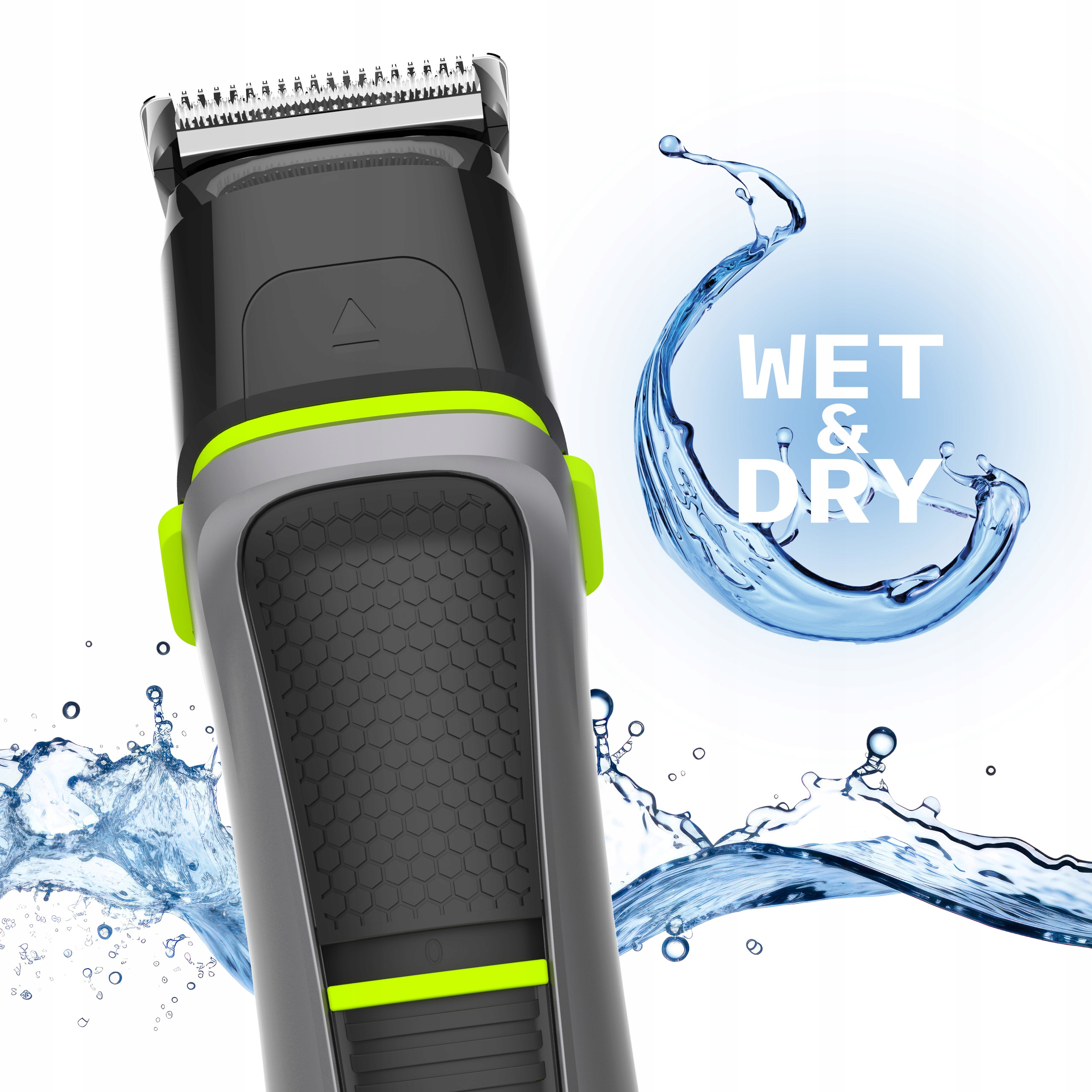 Czarno-szara maszynka z zielonymi akcentami, otoczona rozpryskami wody.