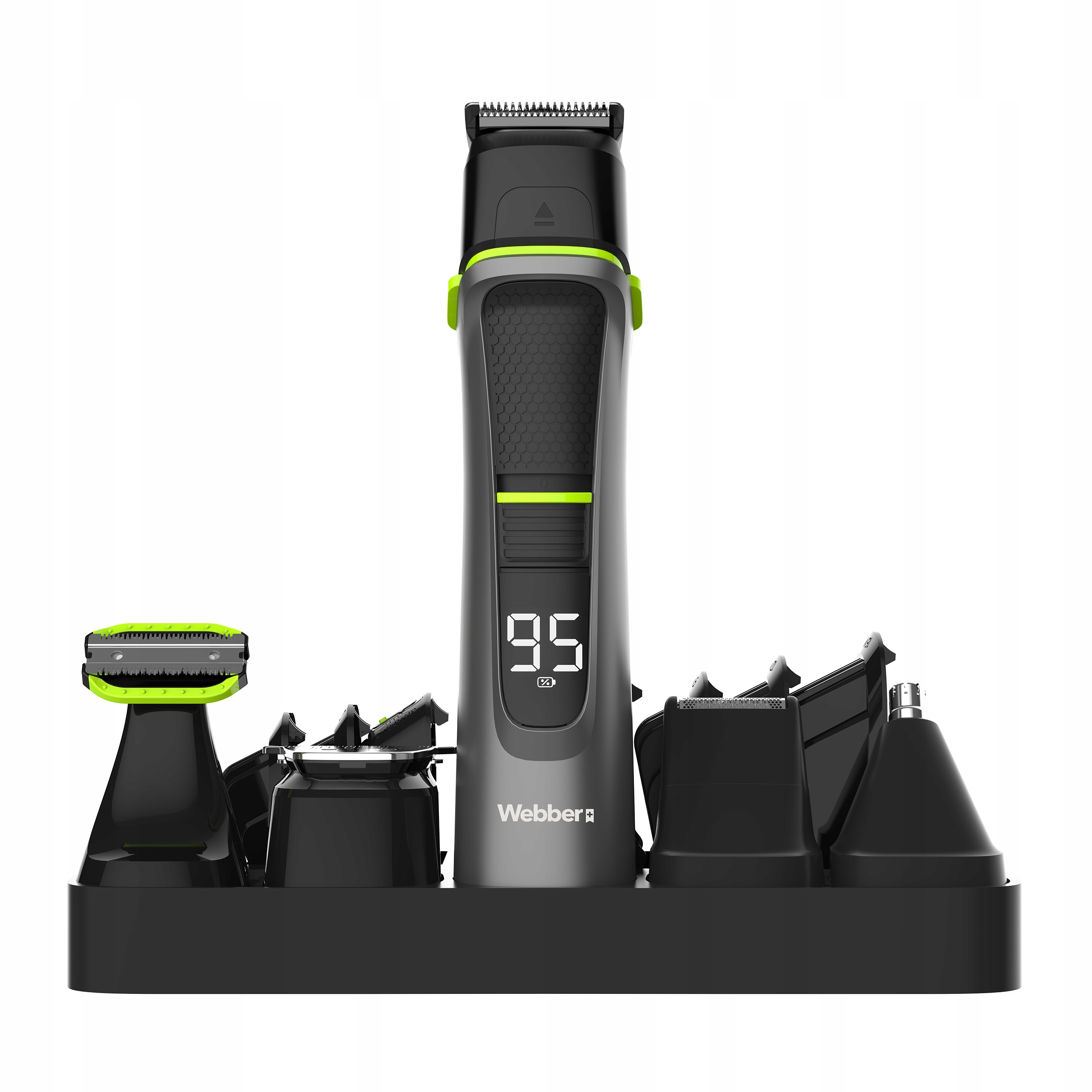Szary i neonowo-zielony zestaw do strzyżenia włosów z cyfrowym wyświetlaczem i akcesoriami.