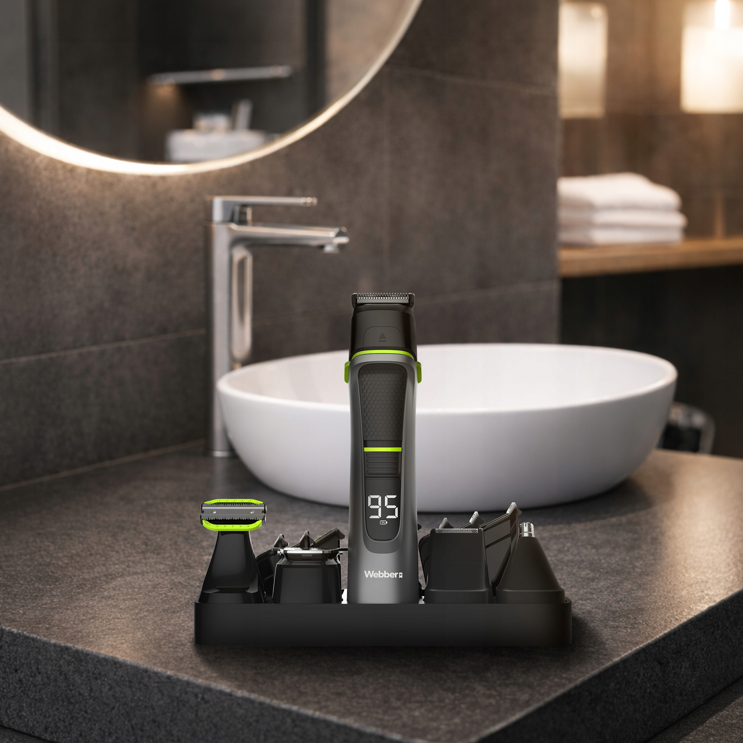 Zestaw trymerów z cyfrowym wyświetlaczem na kamiennym blacie w łazience.