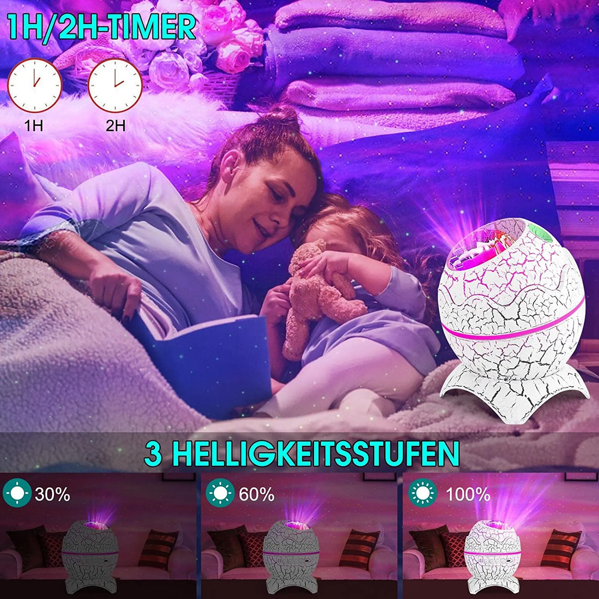 Mutter liest Kind im Bett vor, Sternenprojektor leuchtet, 3 Helligkeitsstufen.
