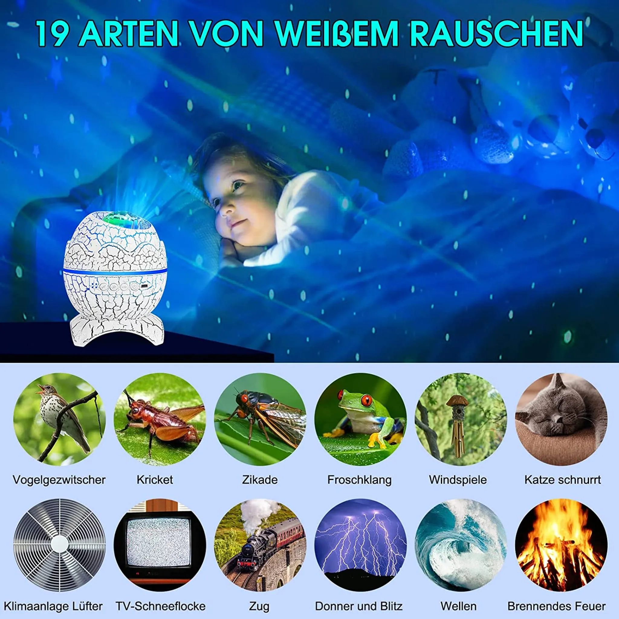 Ein Kind liegt im Bett, ein Sternenprojektor wirft Muster. Darunter 12 Kreise mit Tieren & Naturgeräuschen.