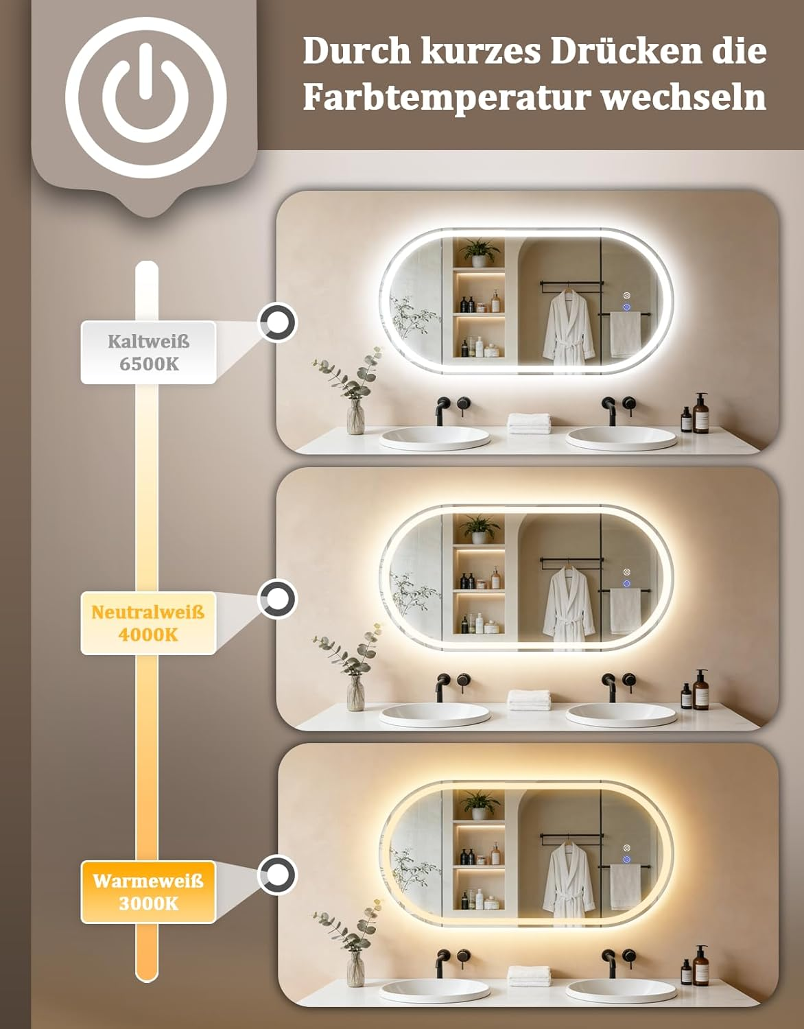 Tre specchi da bagno con diverse temperature di luce: bianco freddo, bianco neutro, bianco caldo.
