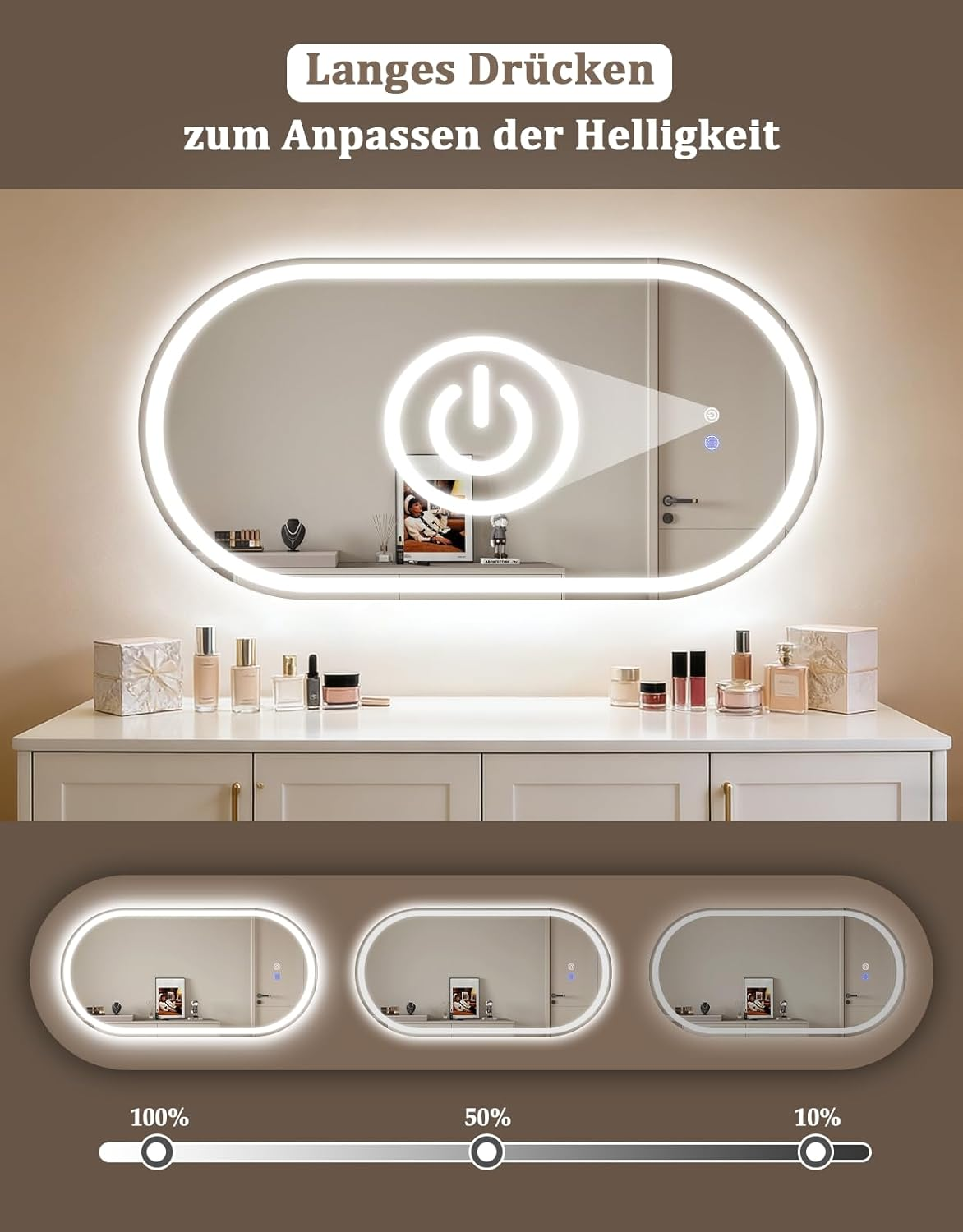 Uno specchio illuminato con pulsante di accensione e controlli di luminosità.