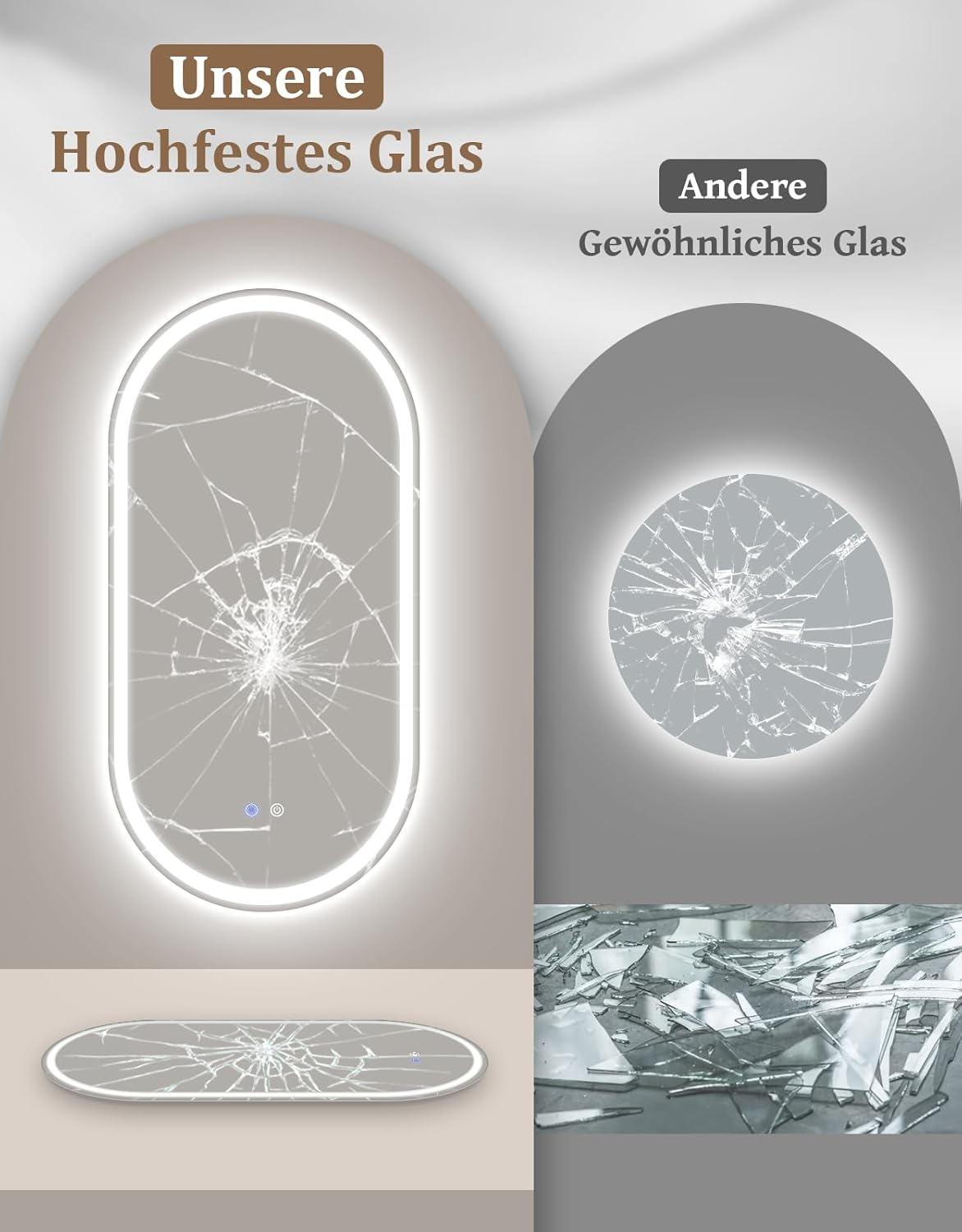 Uno specchio ovale con vetro rotto e illuminazione, accanto a uno specchio rotondo.