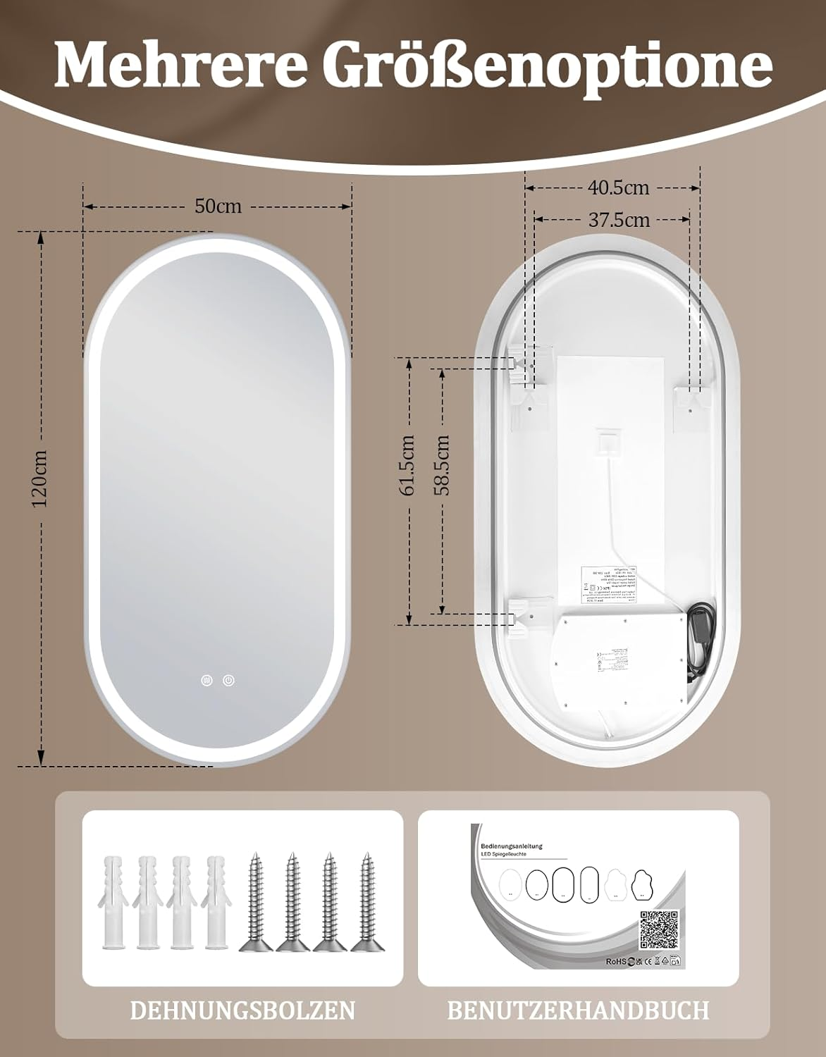 Specchio con dimensioni e accessori: Specchio ovale sinistro (120x50cm), retro destro con dimensioni (61.5x58.5cm).