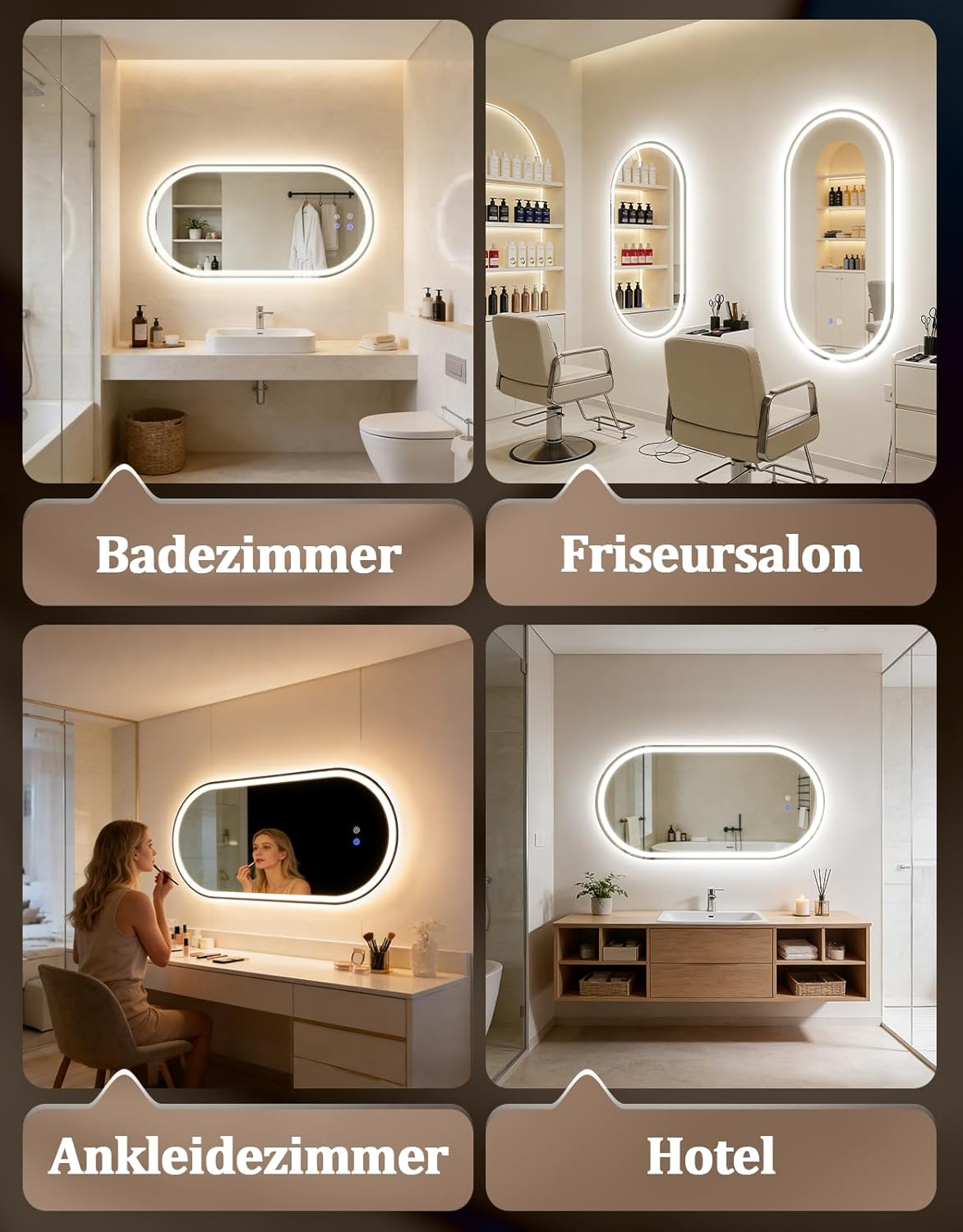 Quattro scene: bagno, salone, spogliatoio, camera d'albergo, tutte con specchi illuminati.