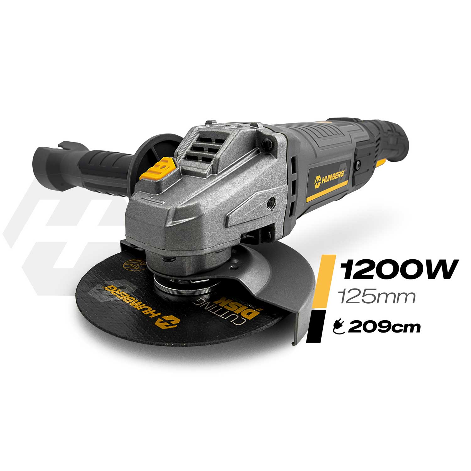 Szara szlifierka kątowa z żółtą rękojeścią i osłoną. Dane: 1200W, 125mm, 209cm.