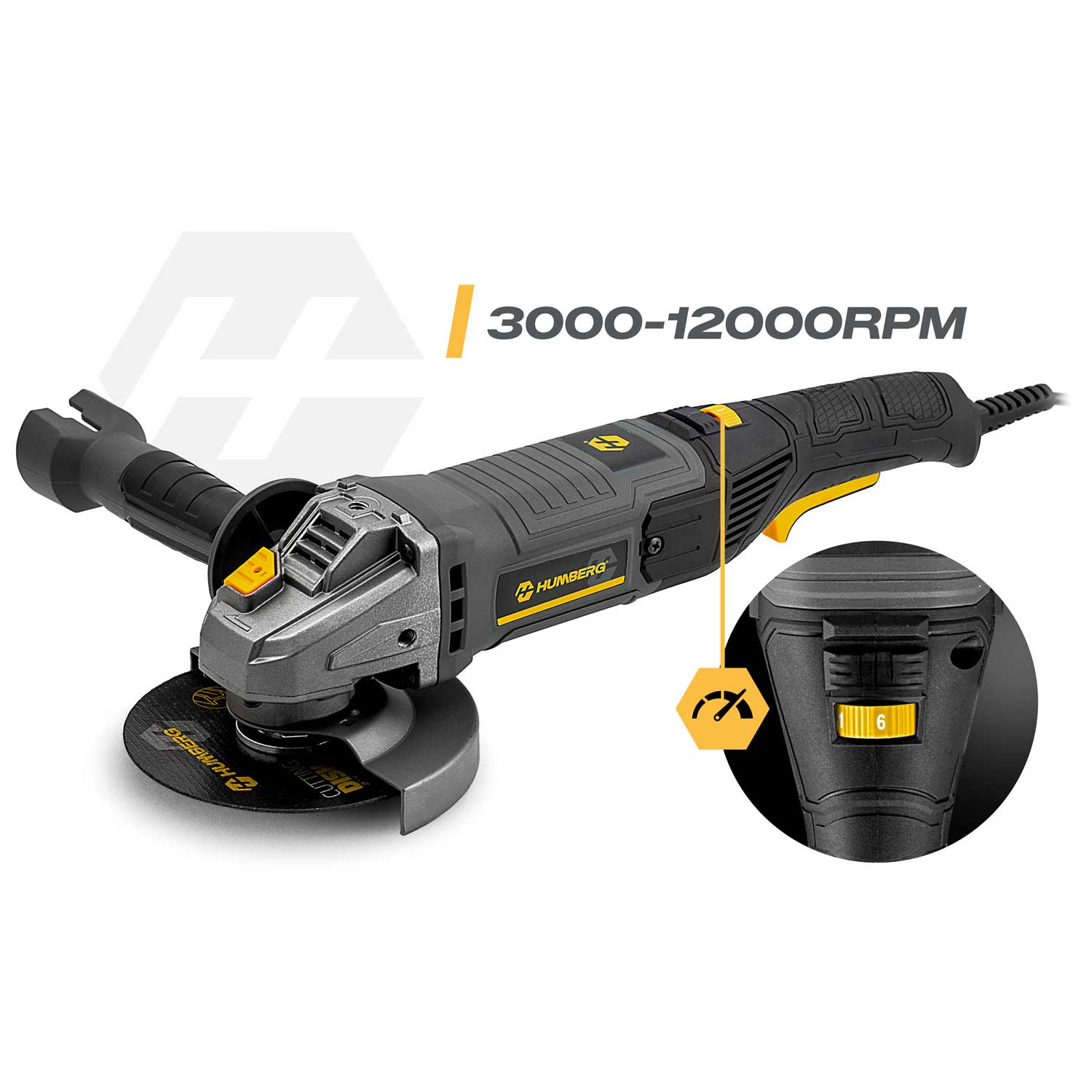 Szara szlifierka kątowa z żółtymi akcentami, pokazująca wybór prędkości 3000-12000 obr./min.