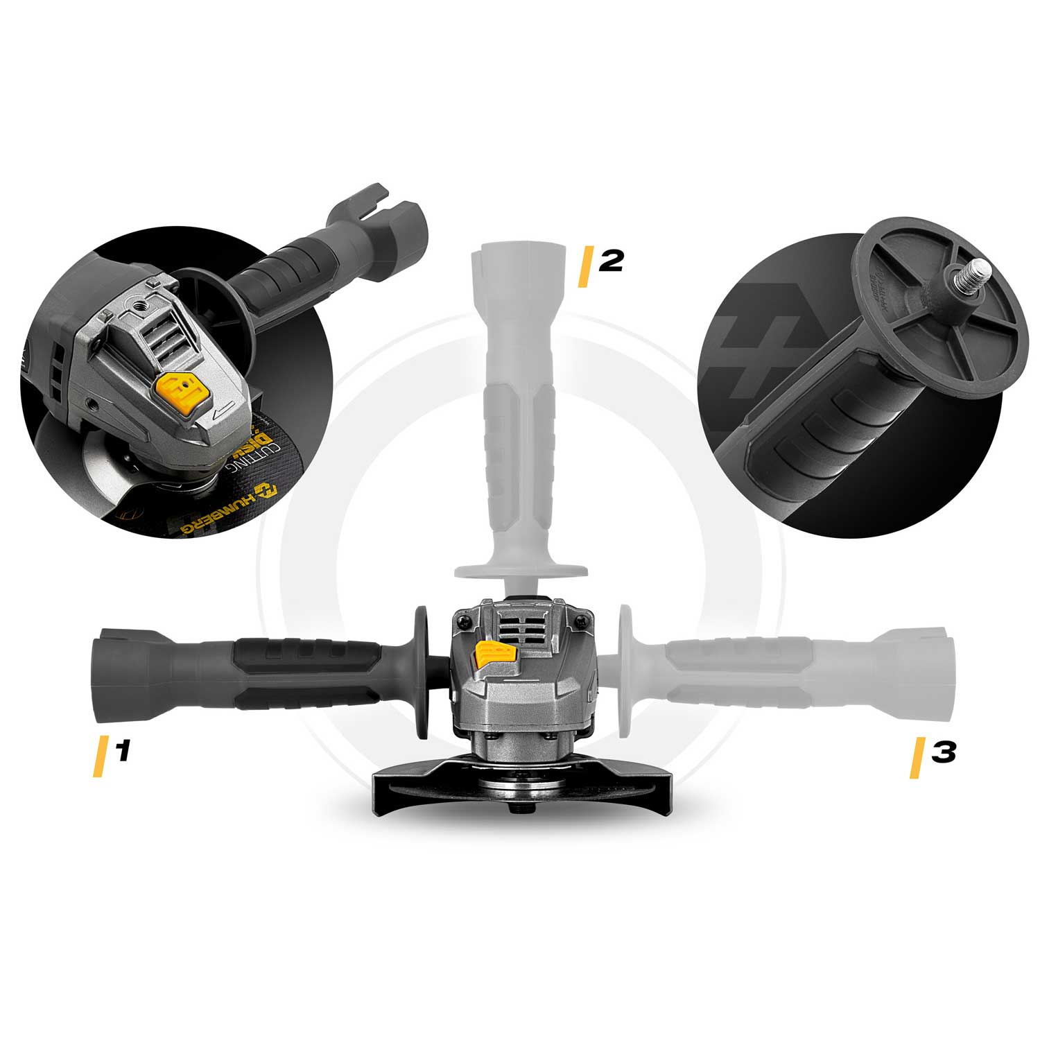 Szlifierka kątowa pokazana w trzech pozycjach uchwytu: lewej, górnej i prawej.