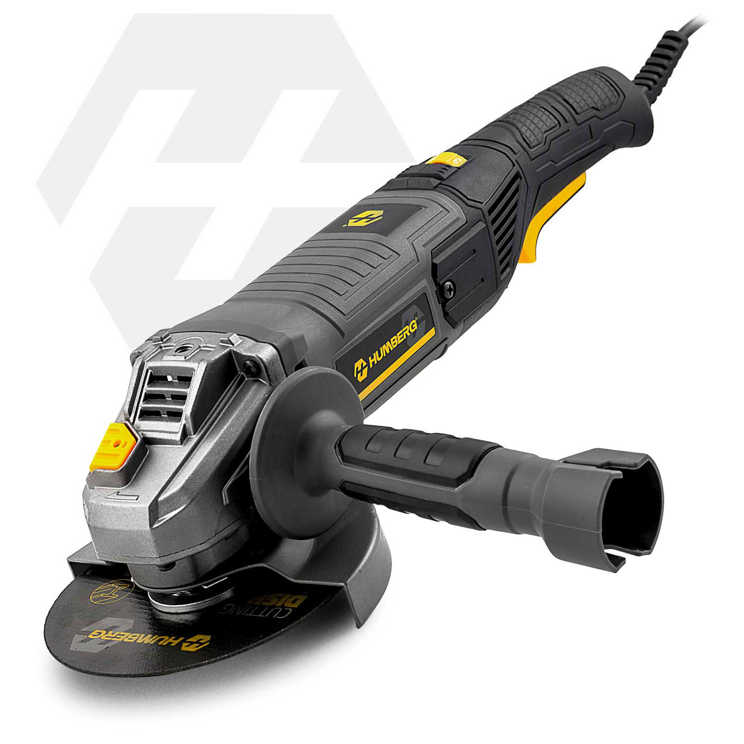 Szlifierka kątowa szara z żółtymi akcentami i tarczą tnącą.