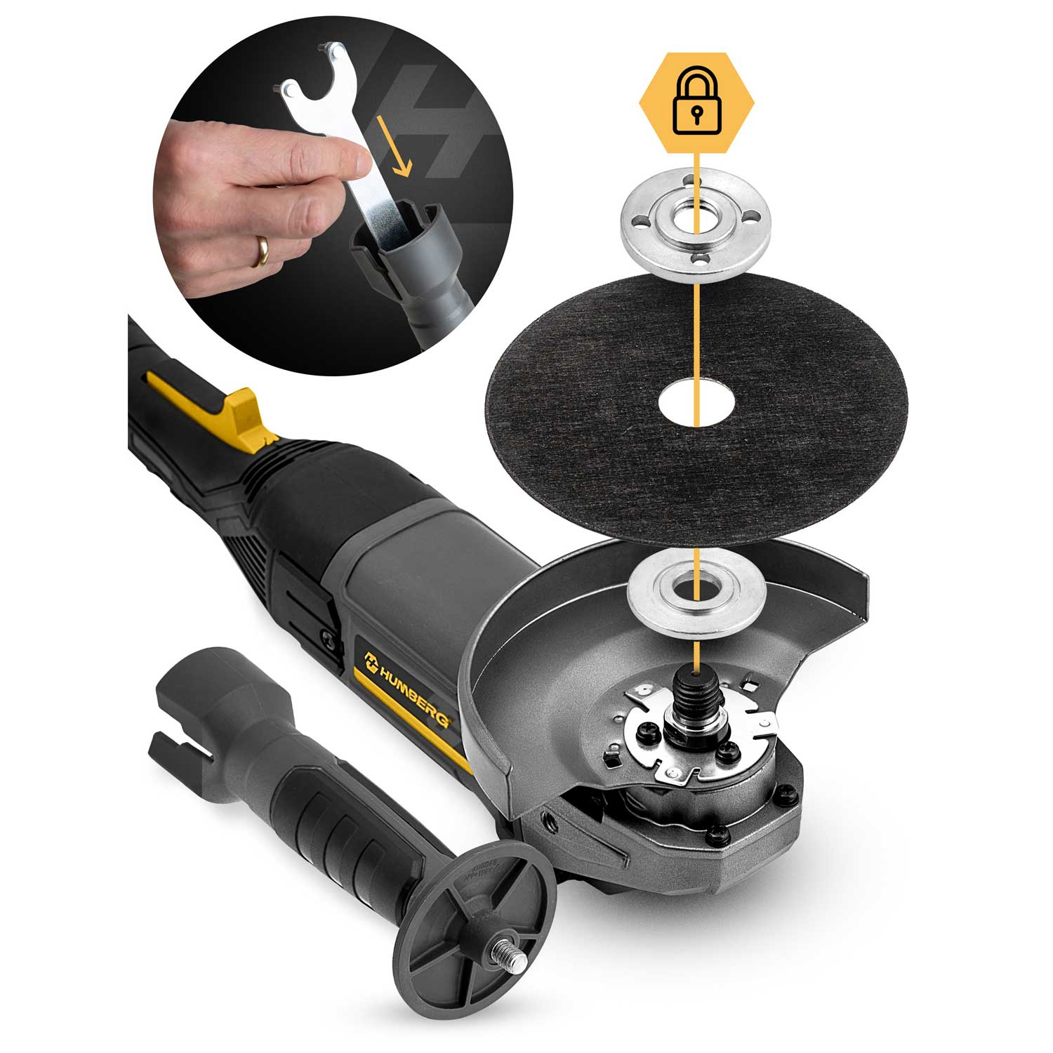 Szlifierka kątowa z narzędziem, tarczą i uchwytem. Instrukcja montażu.