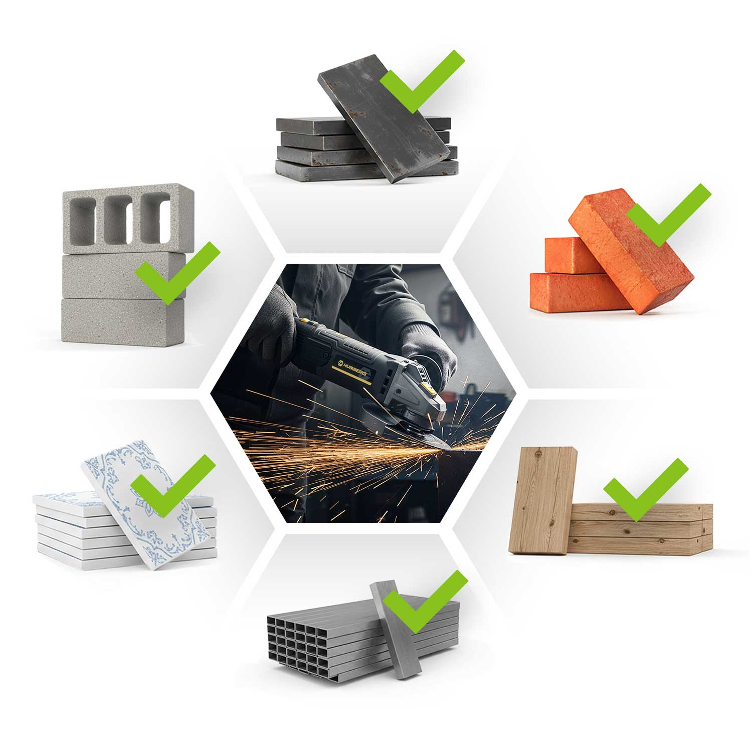 Centrum: Szlifierka kątowa z iskrami. Na zewnątrz: Cegły, bloczki betonowe, płyty metalowe, drewno, płytki.