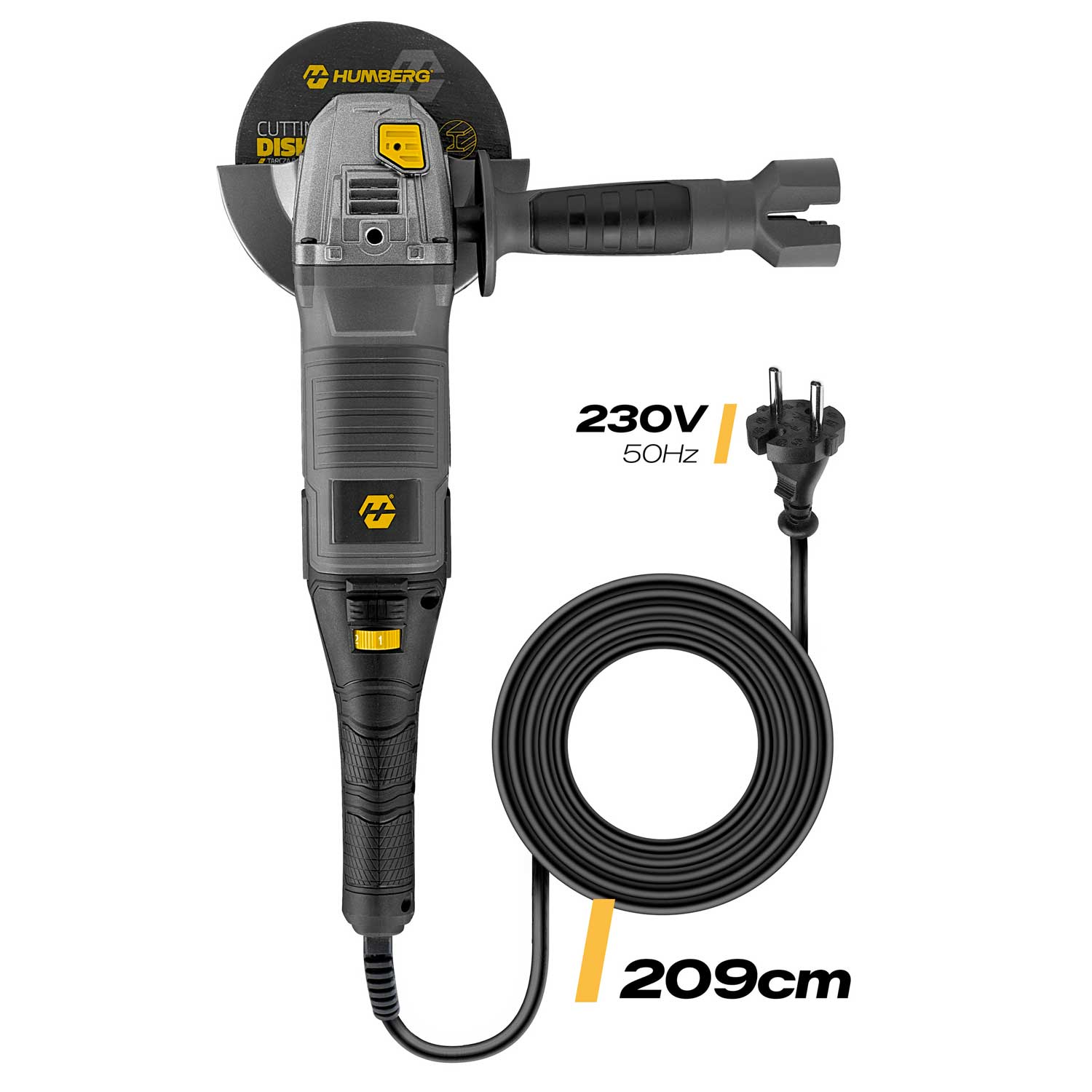 Szlifierka kątowa z tarczą tnącą, kablem i wtyczką na białym tle.