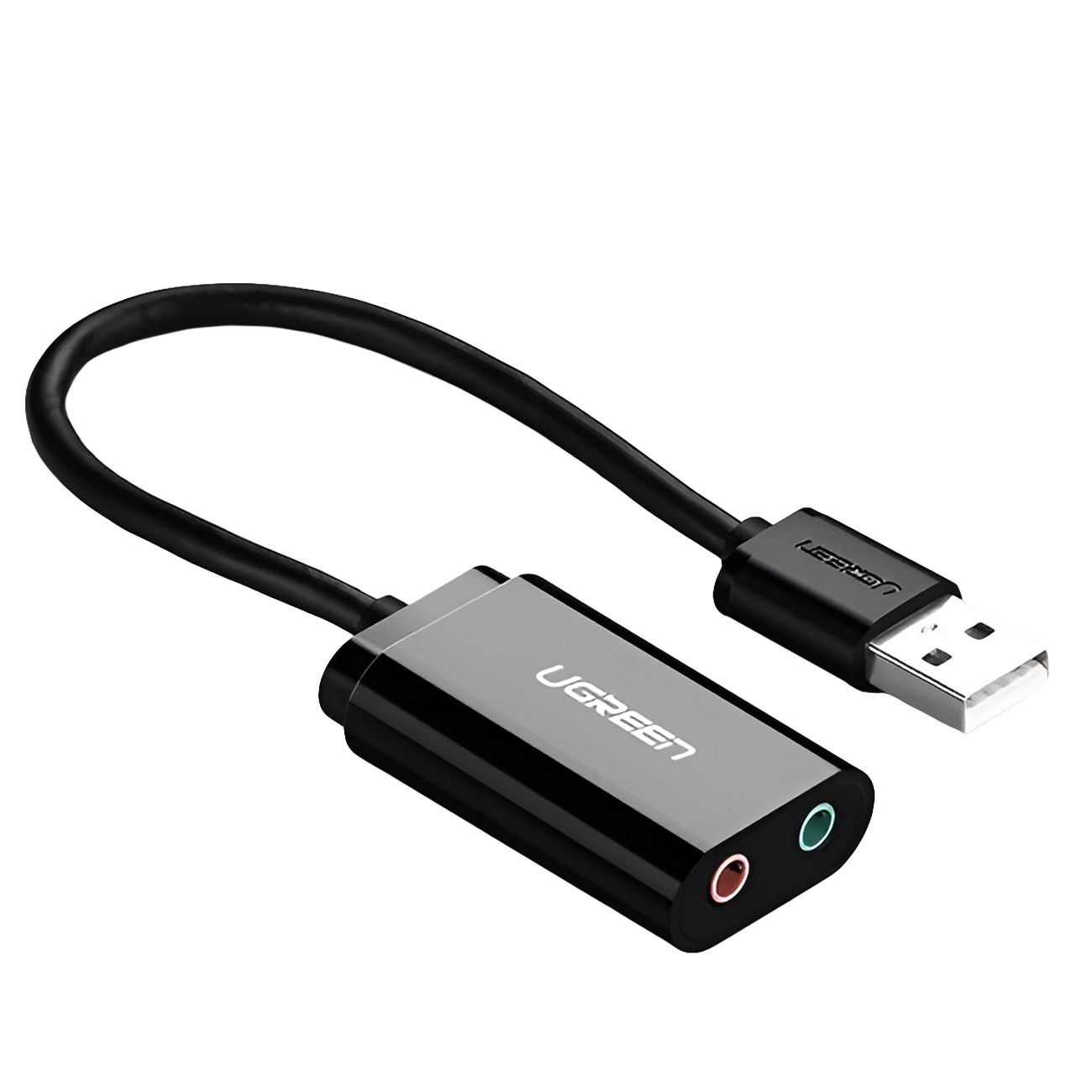 Czarny adapter audio USB UGREEN z dwoma portami.