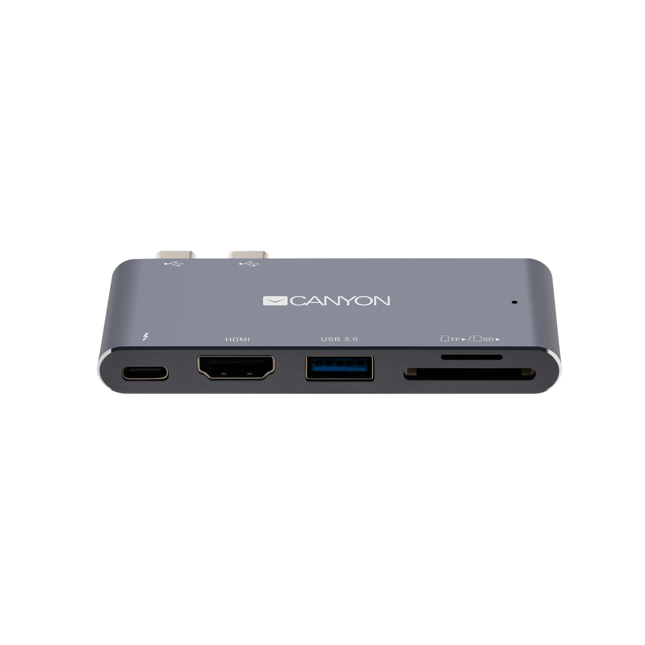 Szary hub Canyon z portami USB-C, HDMI, USB 3.0 i gniazdami kart SD/TF.