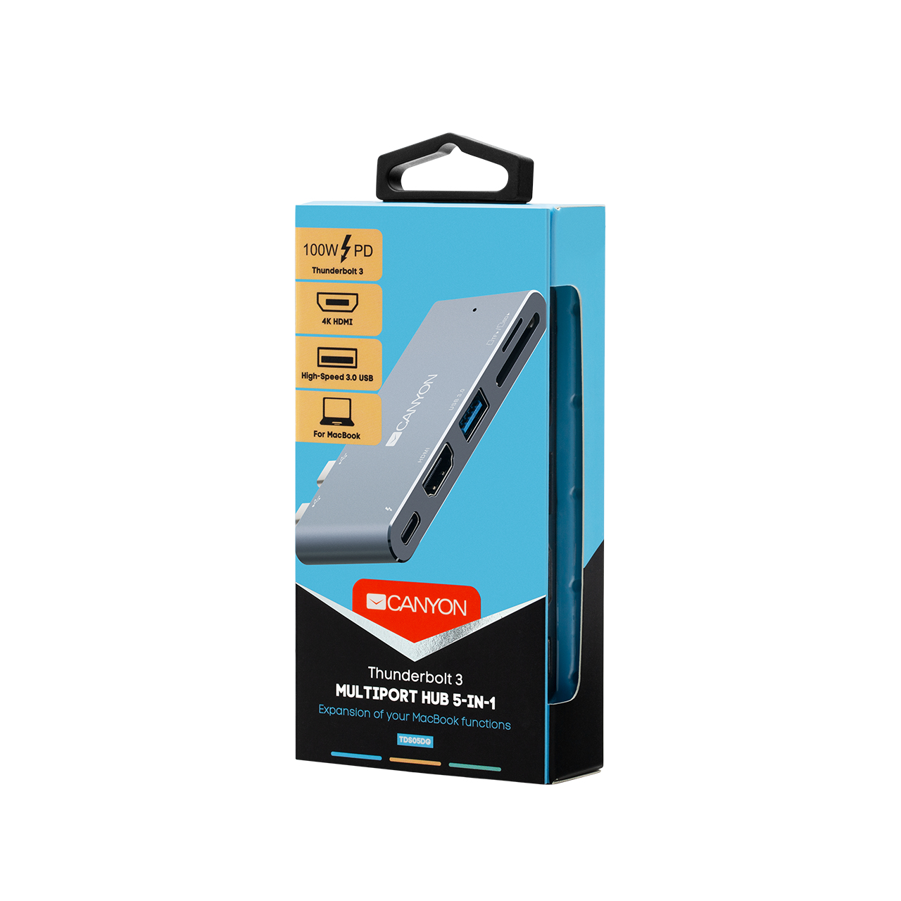 Opakowanie Canyon Thunderbolt 3 Multiport Hub 5-w-1 pokazujące porty i funkcje.