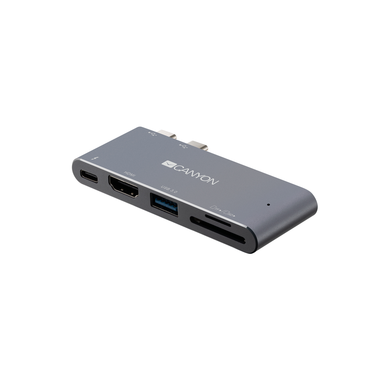 Szary hub USB-C Canyon z HDMI, USB 3.0, slotami na karty SD i TF.