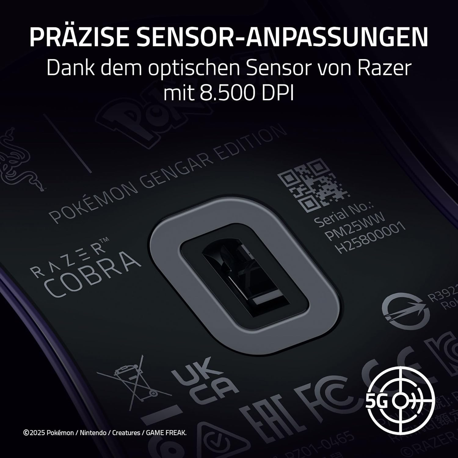 Razer Cobra con stampa Pokémon Gengar Edition e dettagli tecnici.