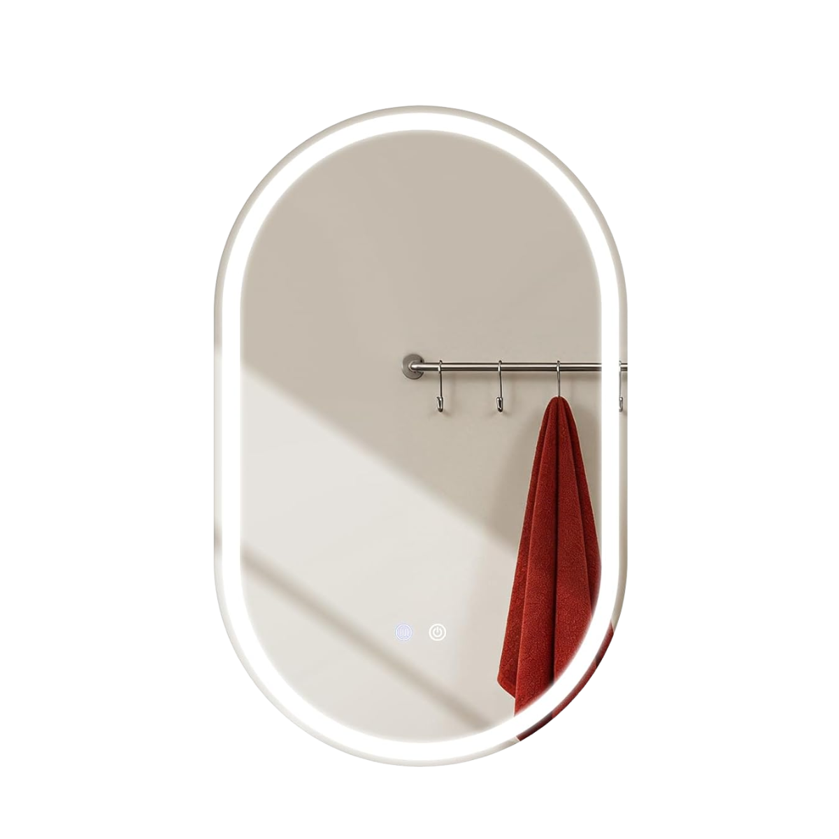 Specchio ovale illuminato, asciugamano rosso su ganci.