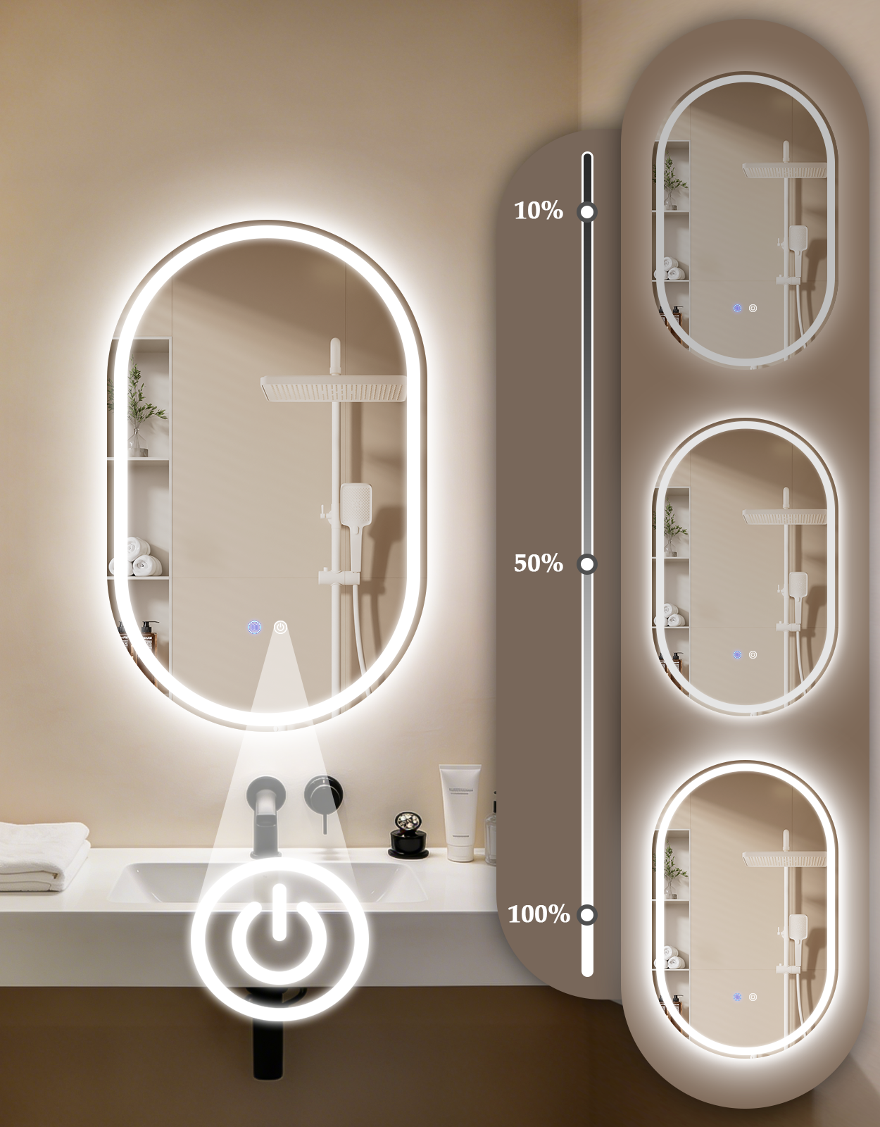 Specchio ovale illuminato con controllo luminosità in un bagno.